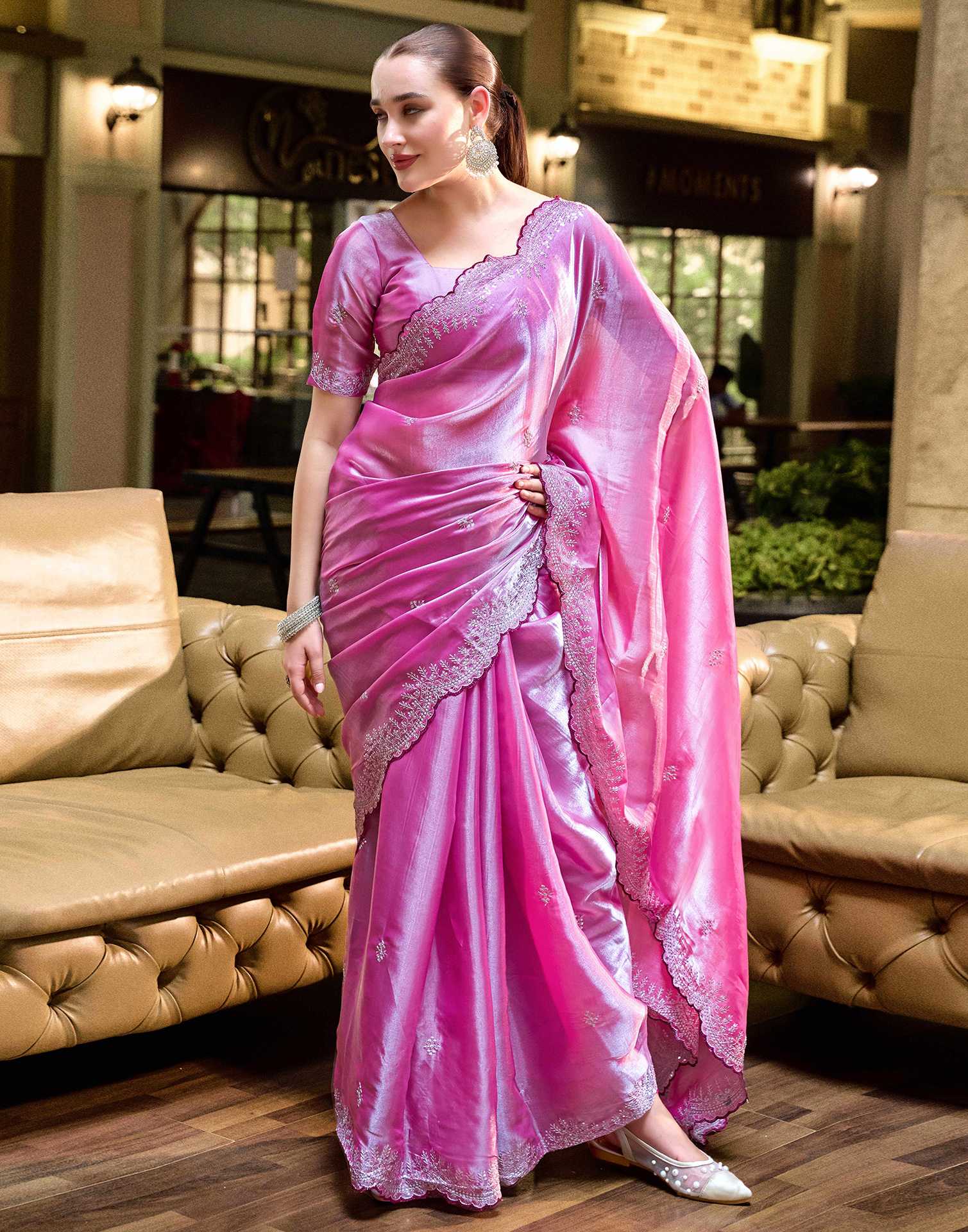 Pink Tissue Silk Sequence Embroidery Saree