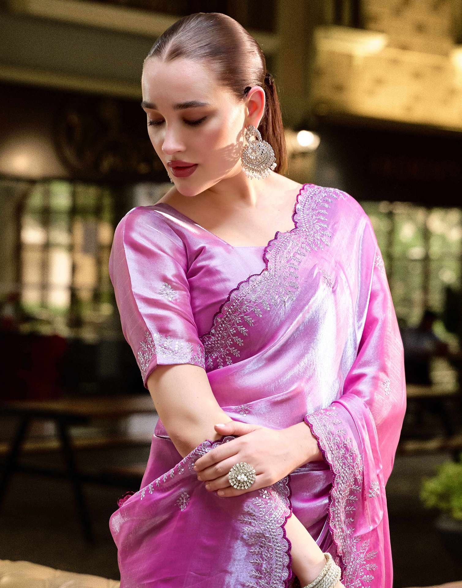 Pink Tissue Silk Sequence Embroidery Saree