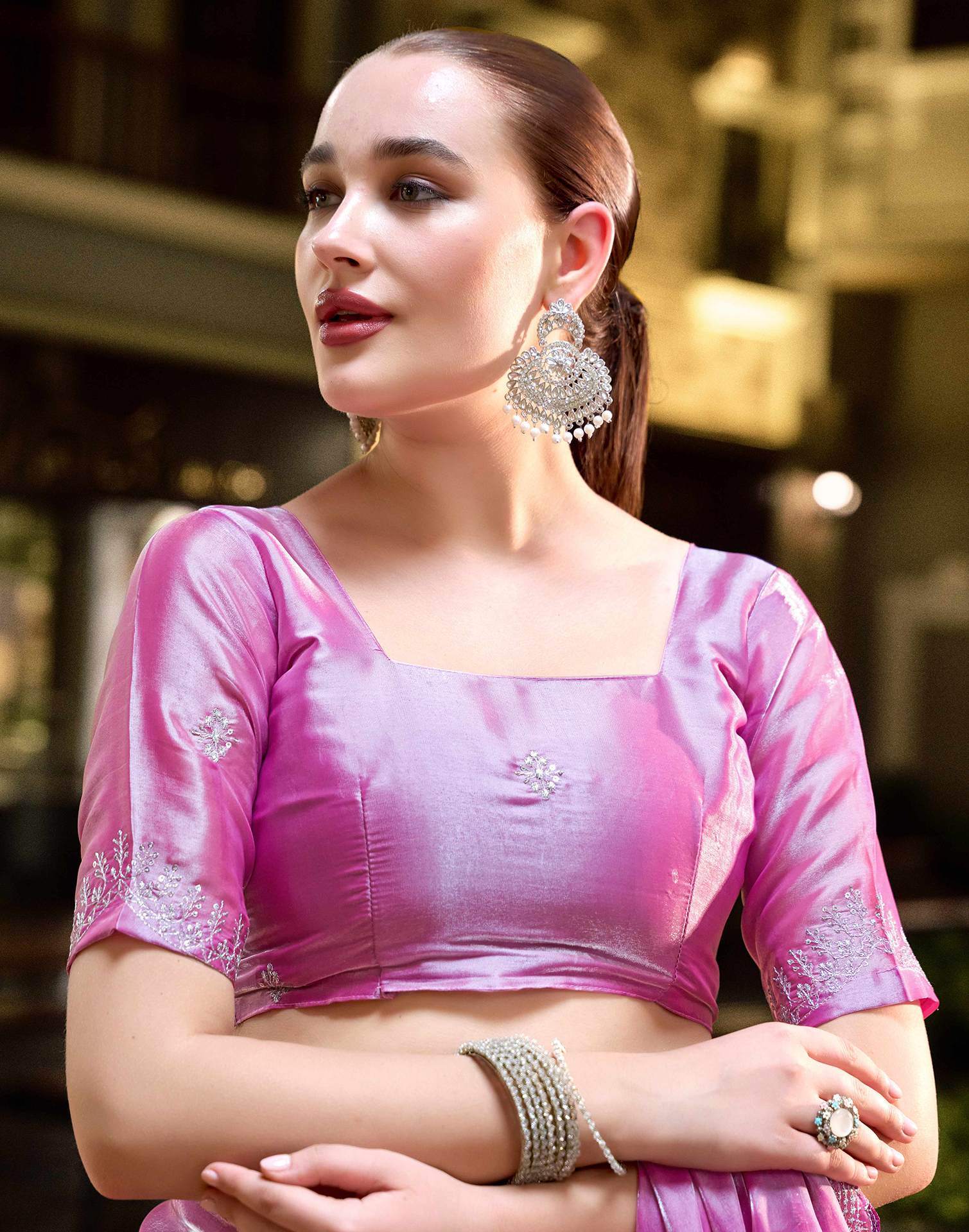 Pink Tissue Silk Sequence Embroidery Saree