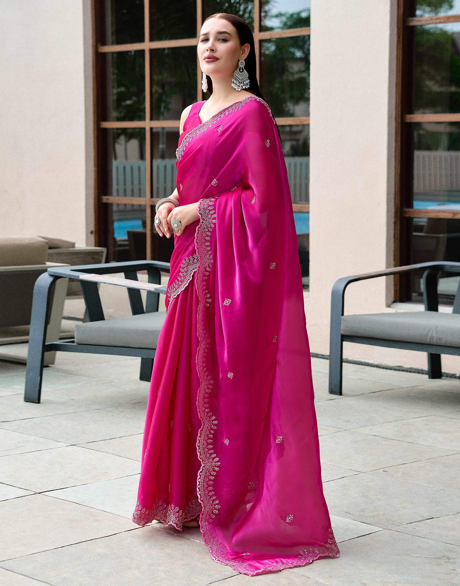Dark Pink Tissue Silk Sequence Embroidery Saree
