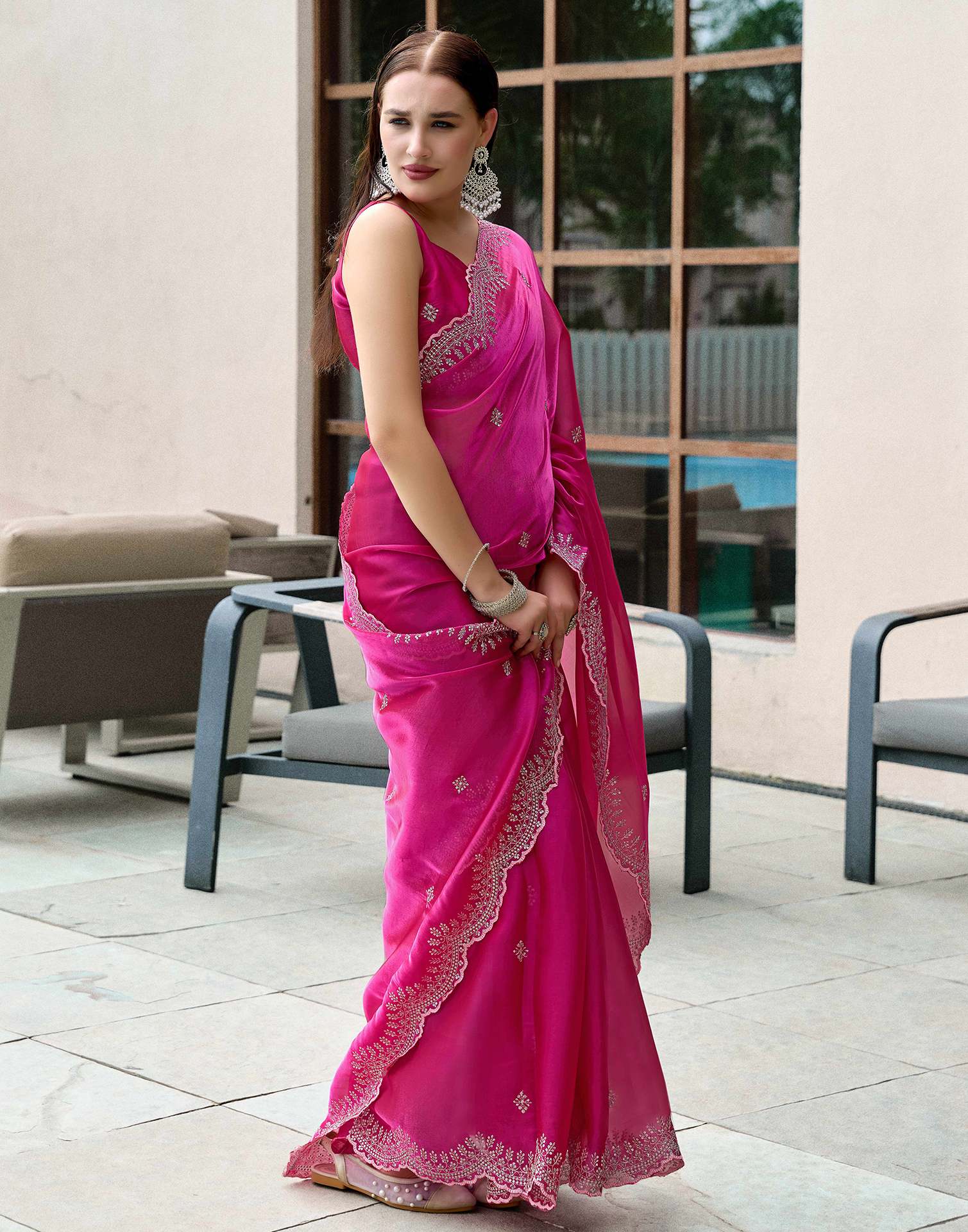 Dark Pink Tissue Silk Sequence Embroidery Saree