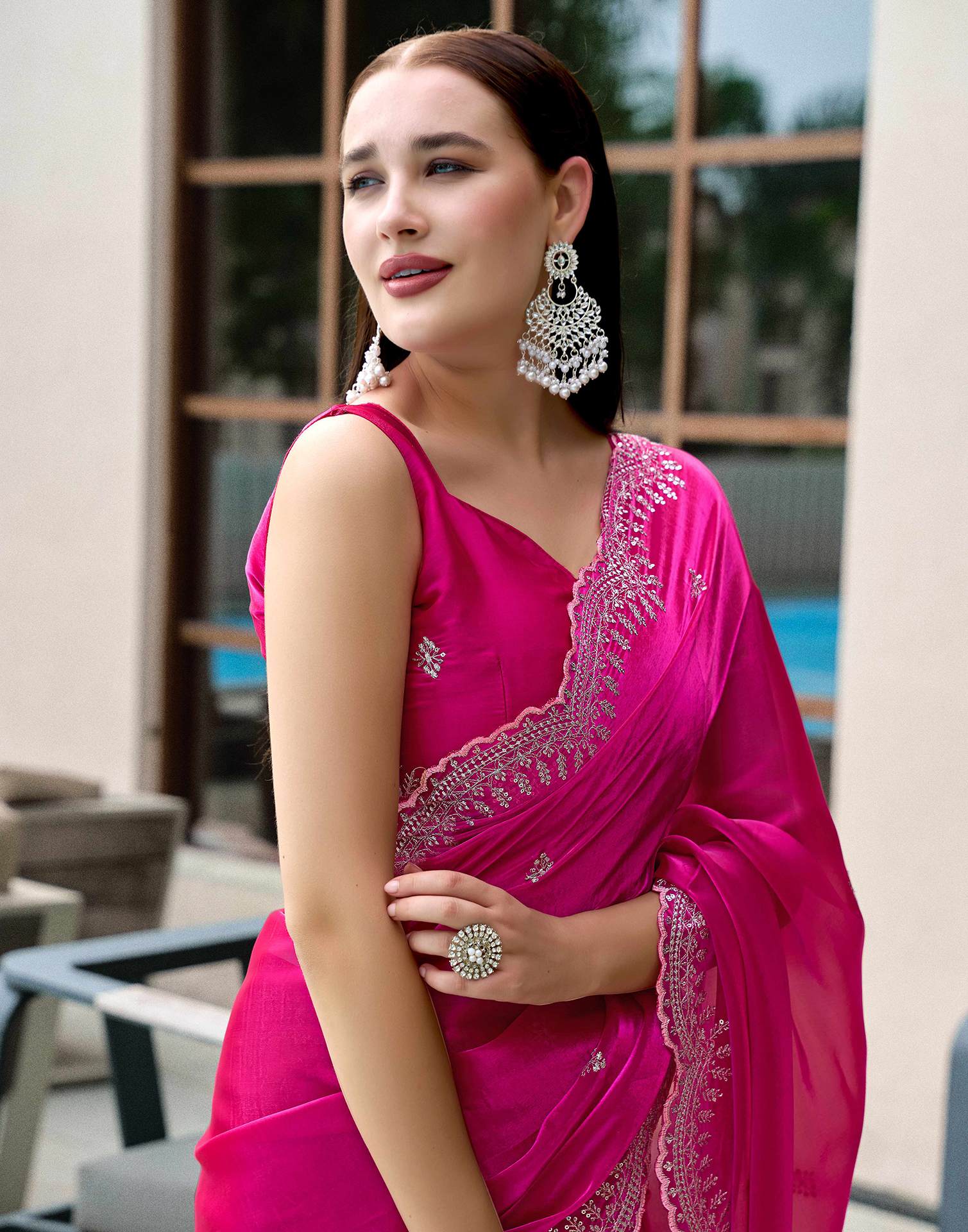 Dark Pink Tissue Silk Sequence Embroidery Saree