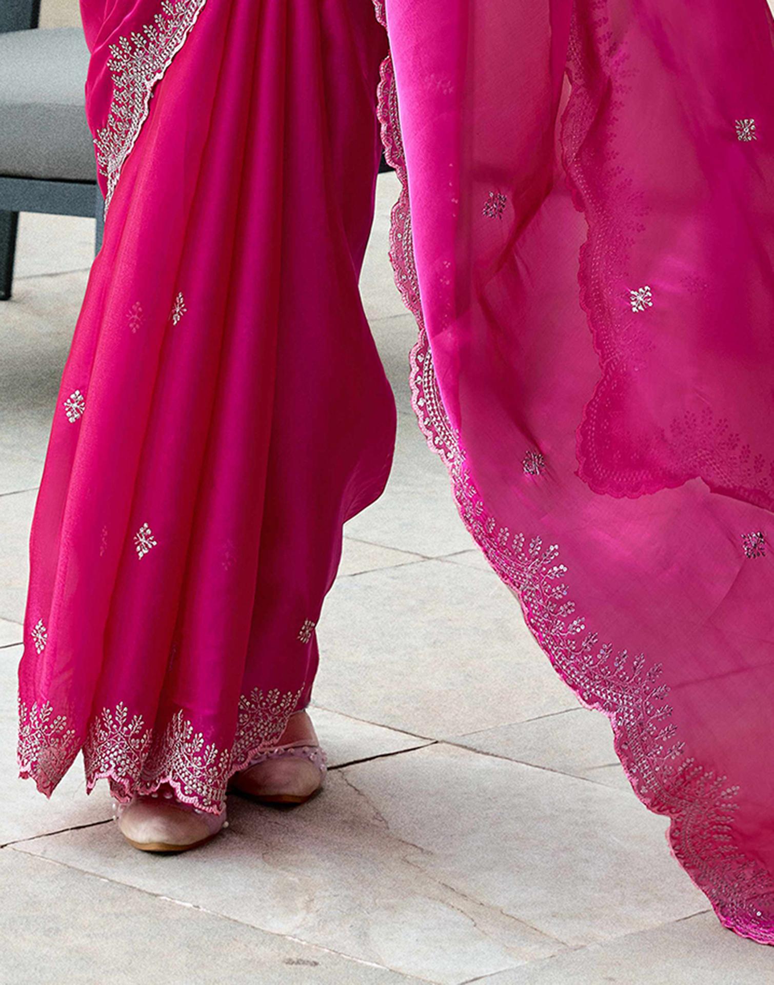 Dark Pink Tissue Silk Sequence Embroidery Saree