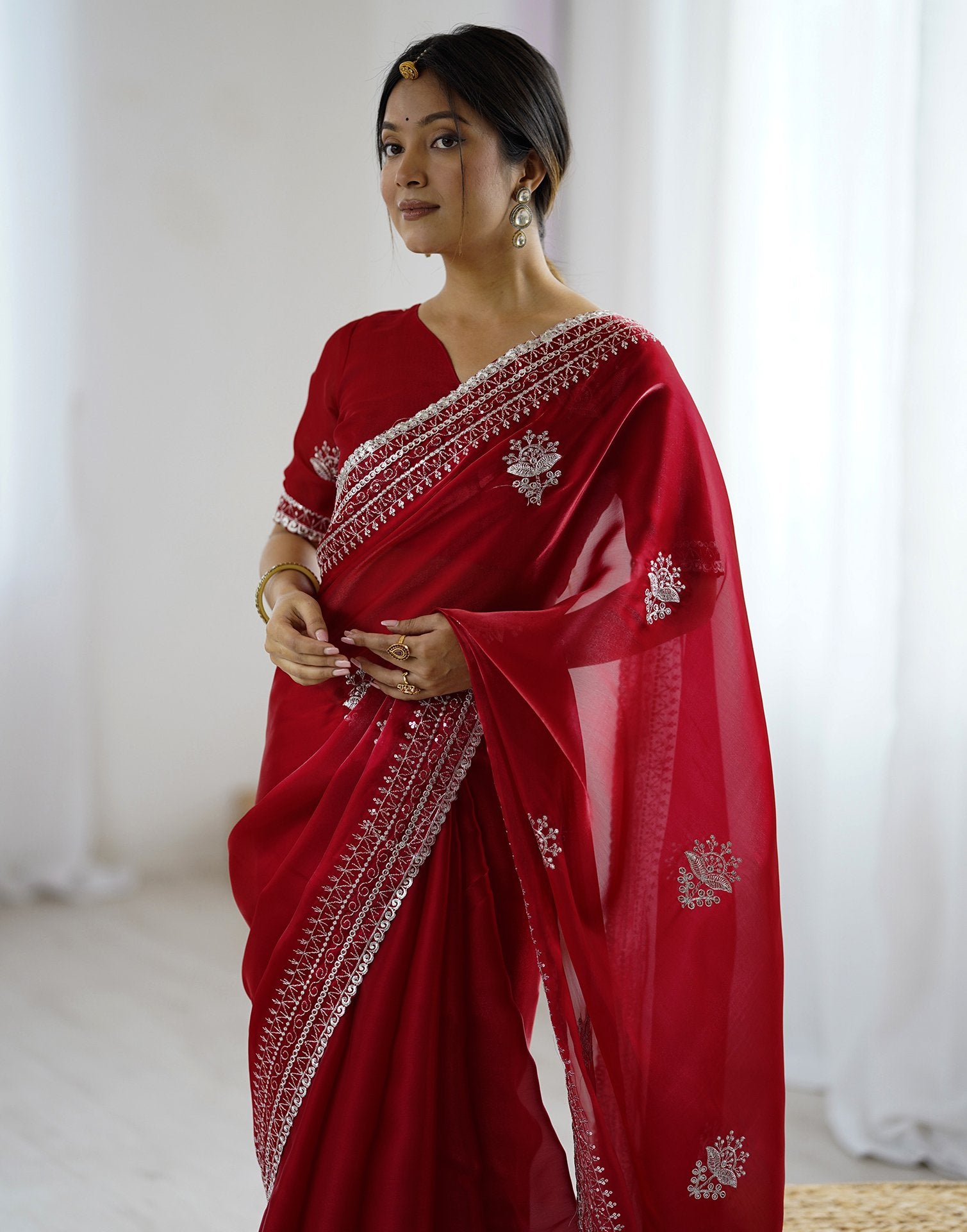 Red Tissue Silk Embroidery Saree