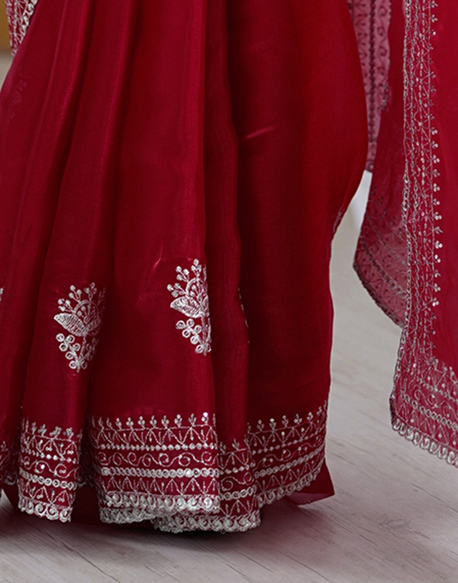 Red Tissue Silk Embroidery Saree
