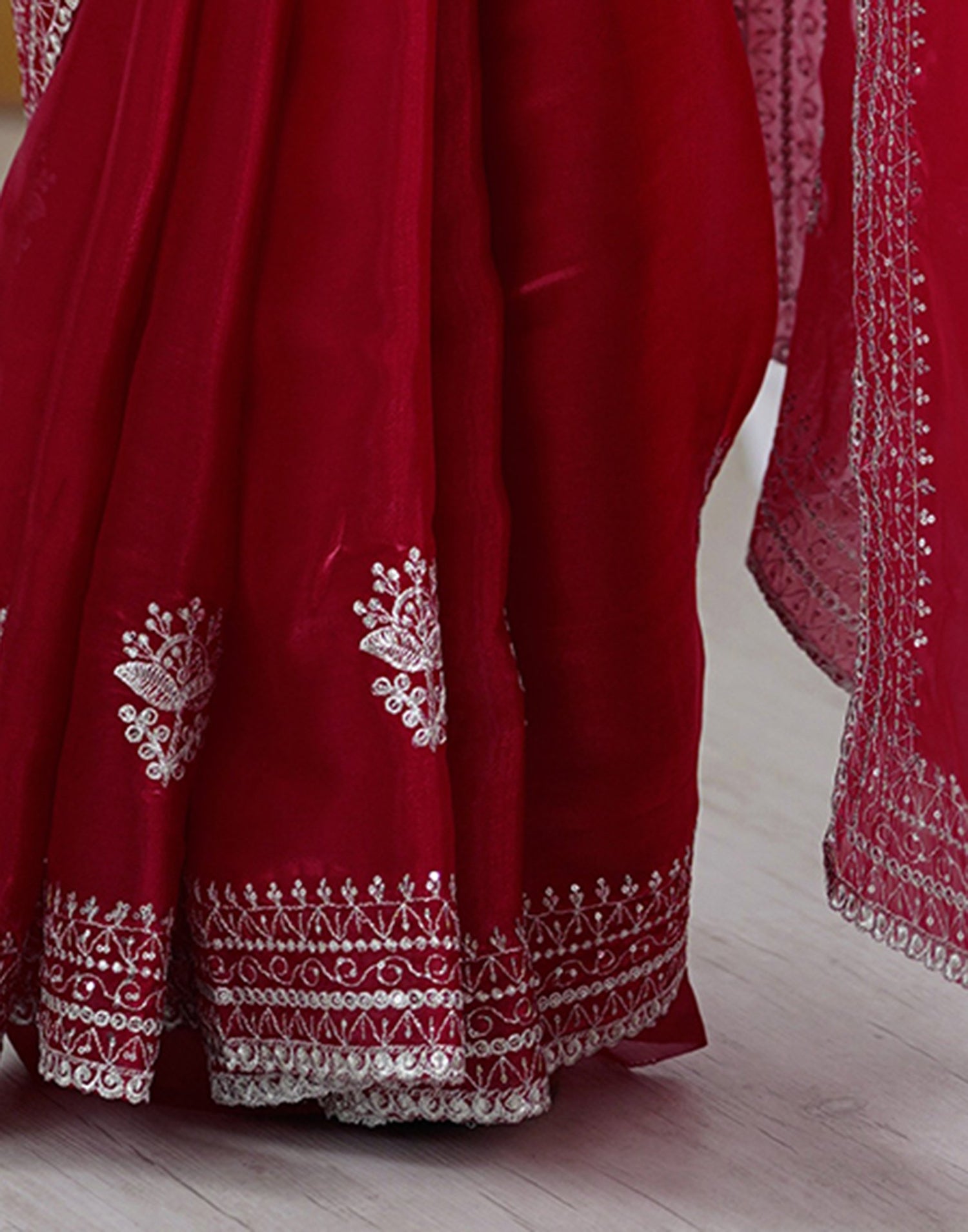 Red Tissue Silk Embroidery Saree