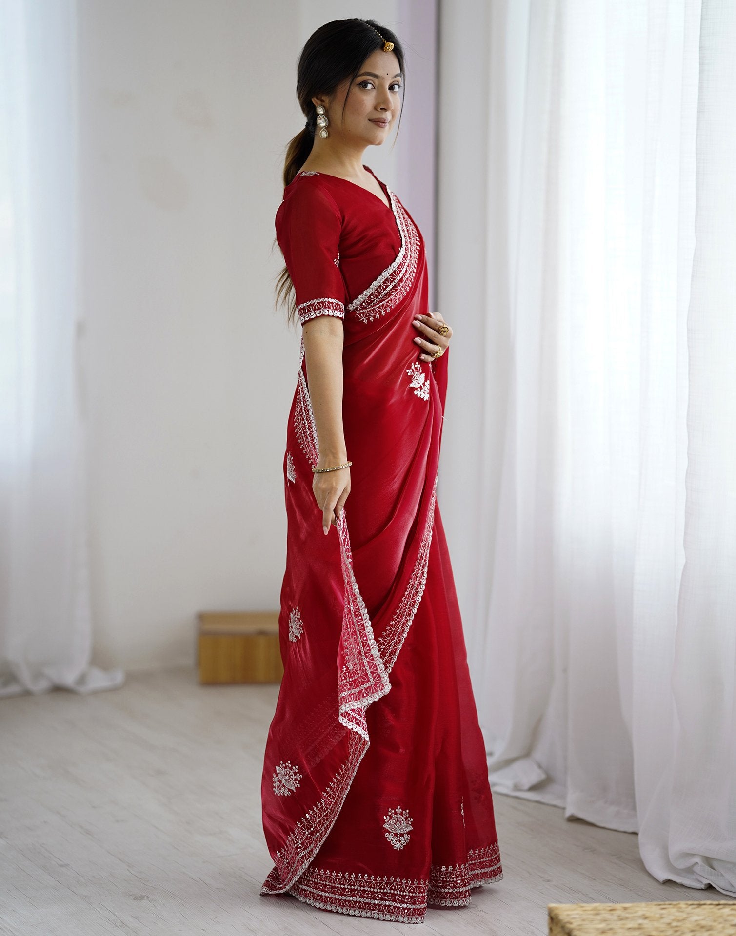 Red Tissue Silk Embroidery Saree