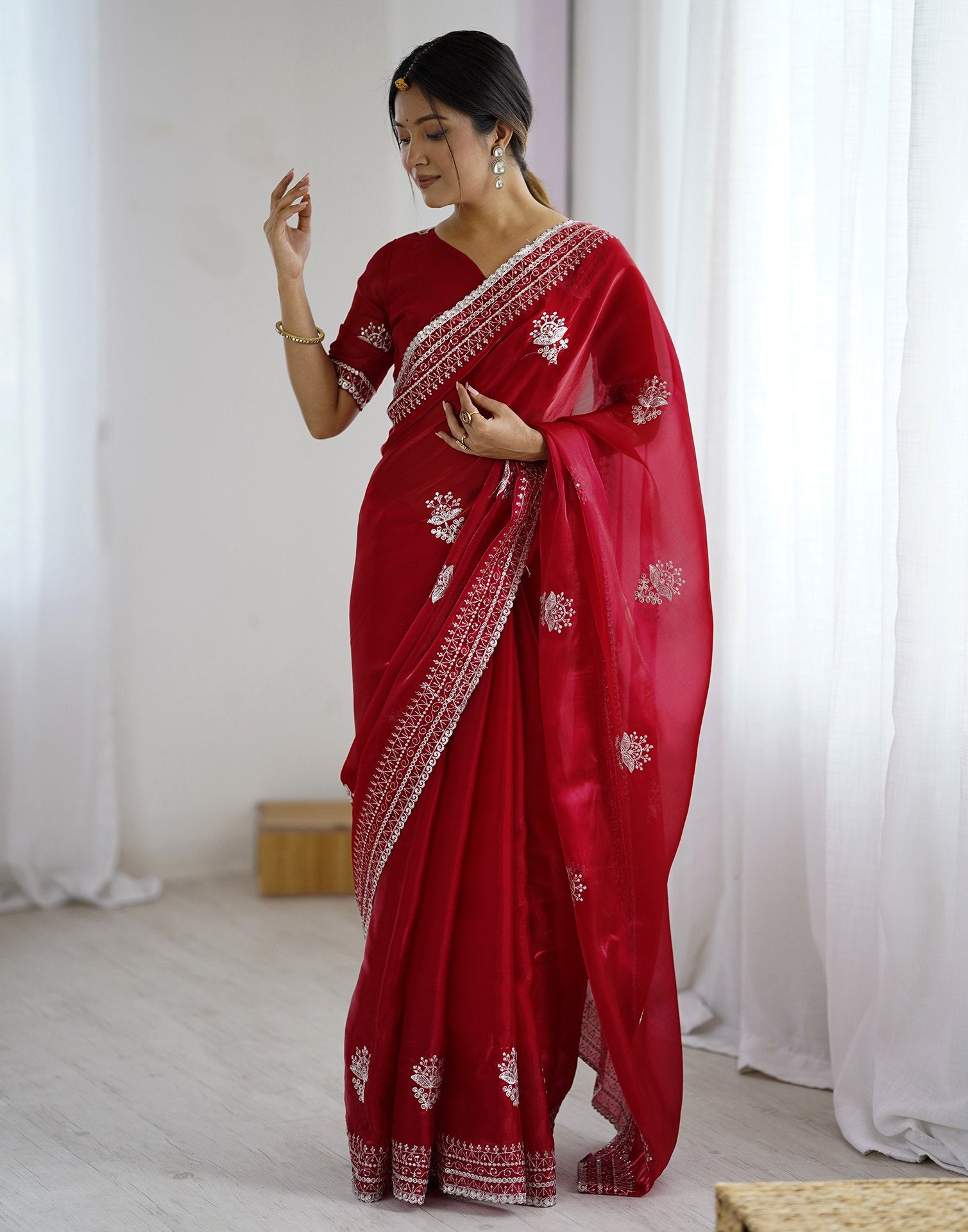 Red Tissue Silk Embroidery Saree