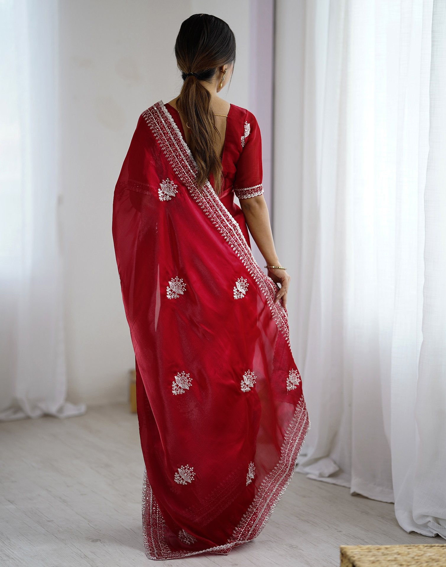 Red Tissue Silk Embroidery Saree