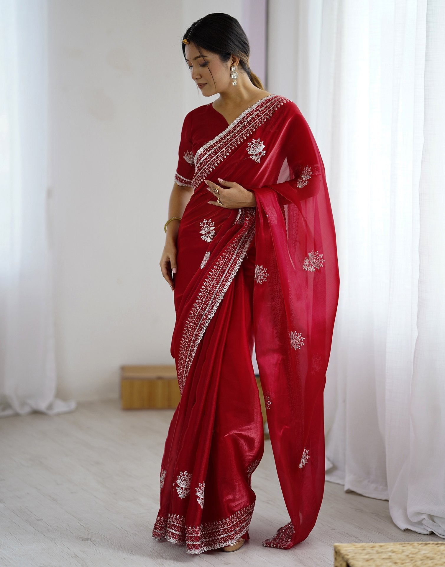 Red Tissue Silk Embroidery Saree