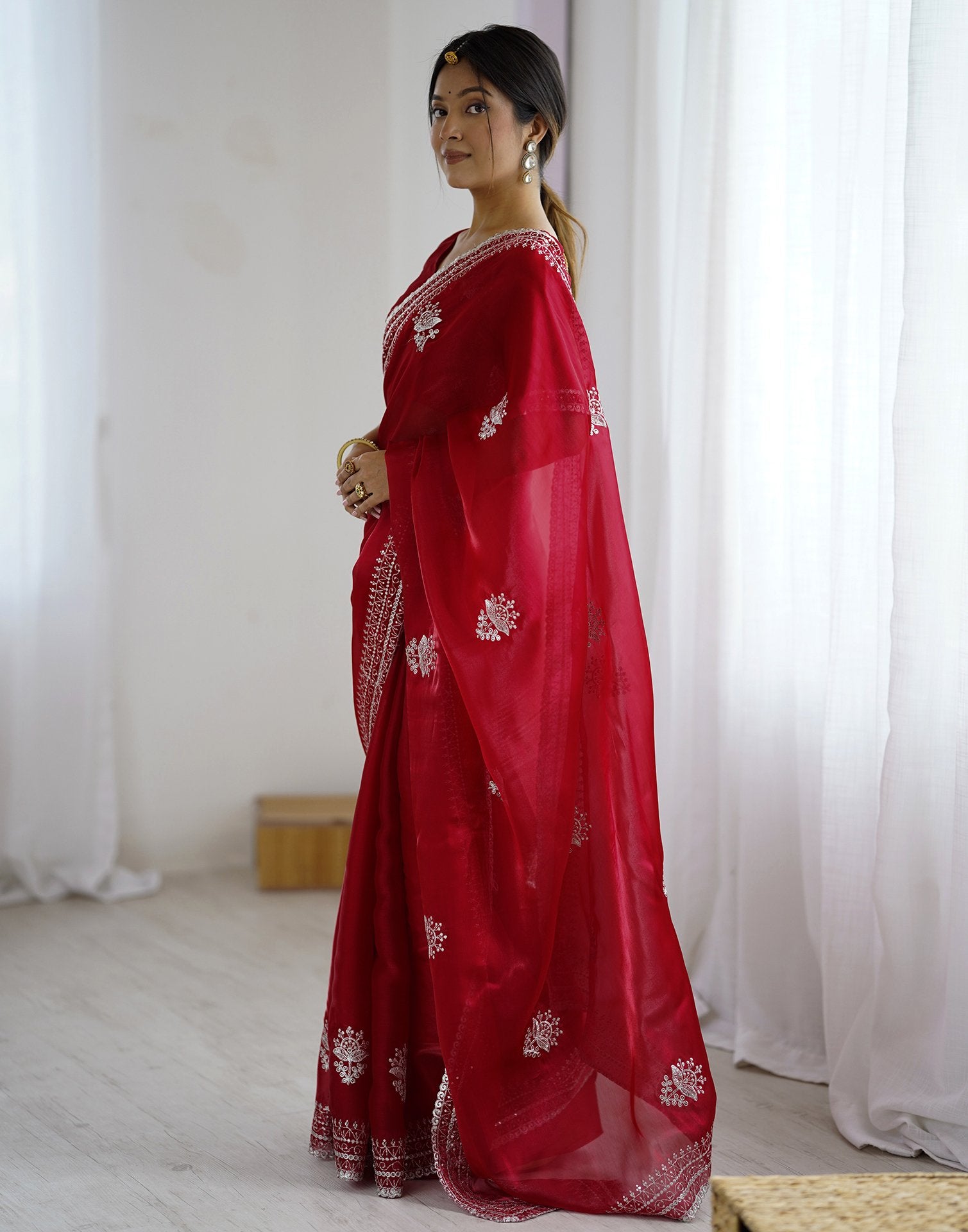 Red Tissue Silk Embroidery Saree