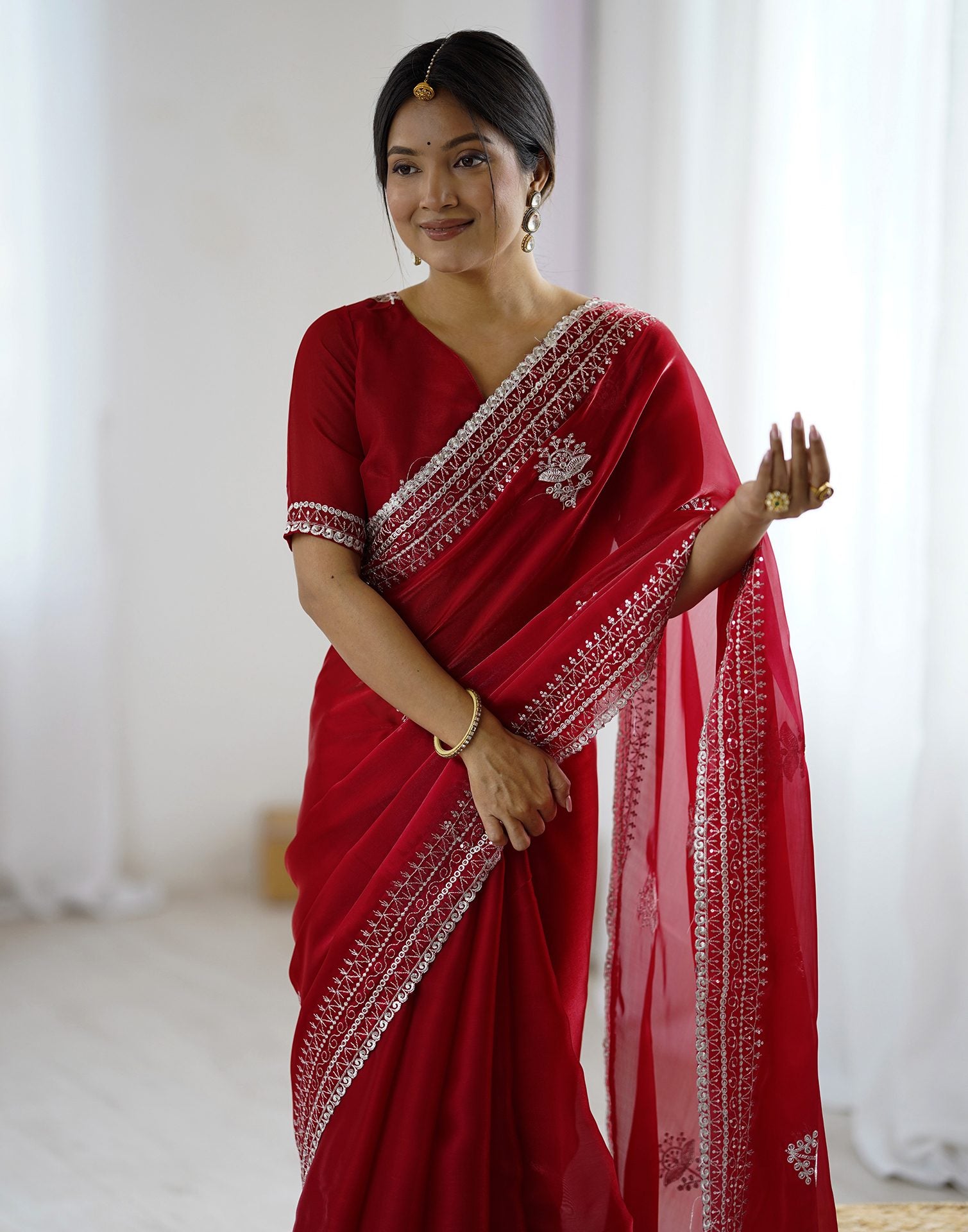 Red Tissue Silk Embroidery Saree