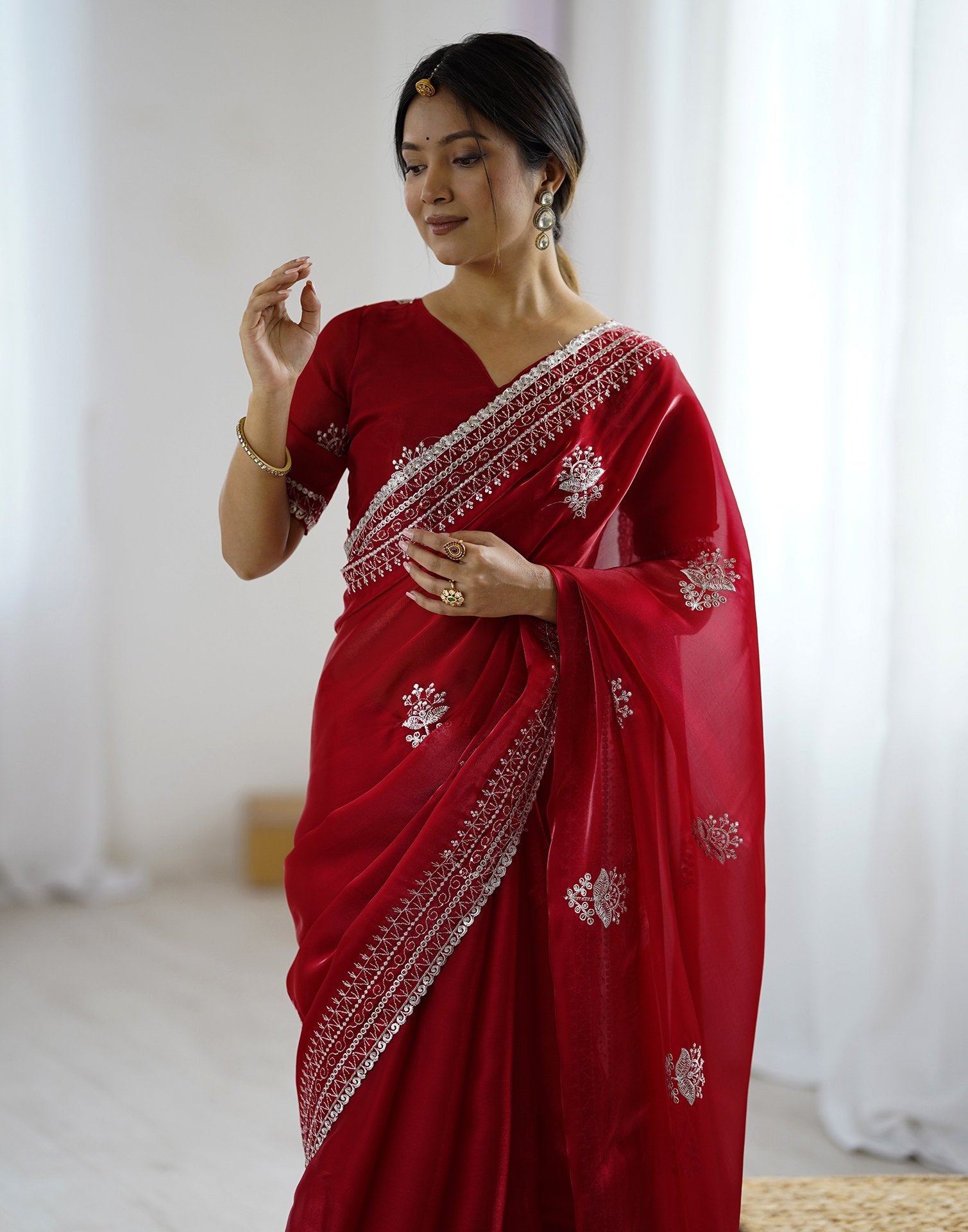 Red Tissue Silk Embroidery Saree