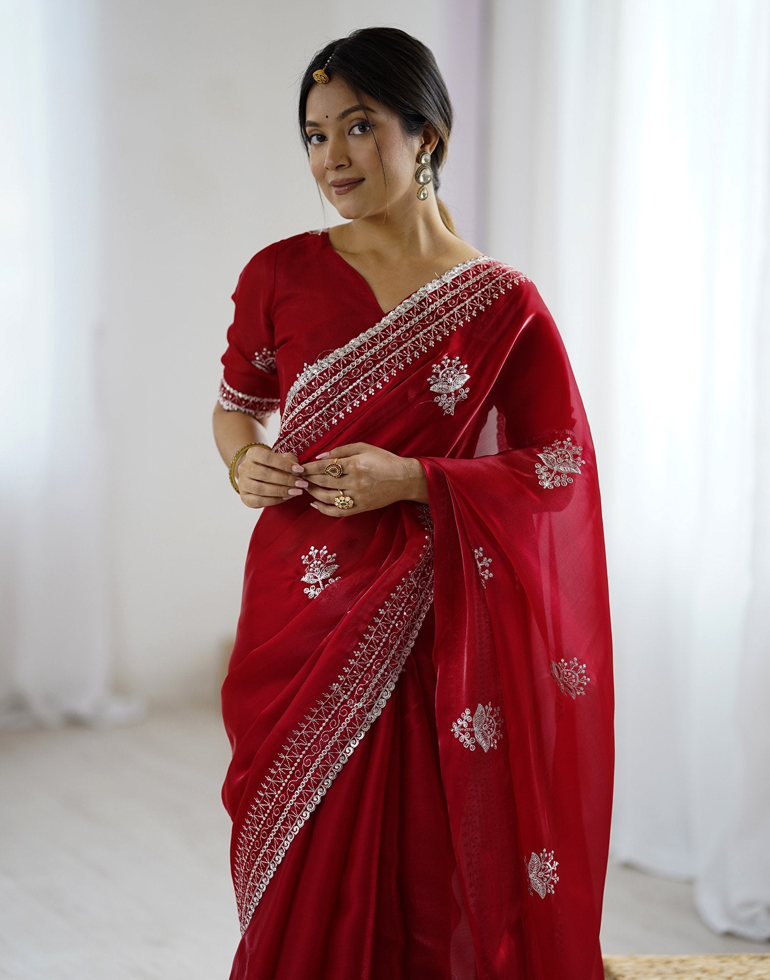 Red Tissue Silk Embroidery Saree