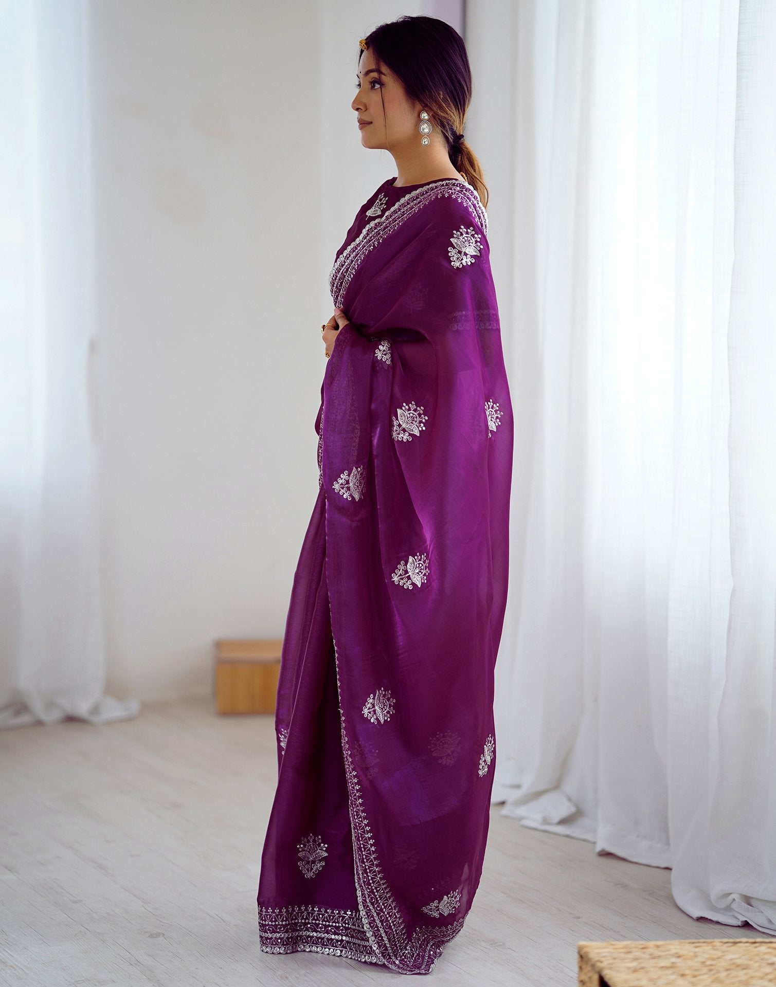 Dark Purple Tissue Silk Embroidery Saree