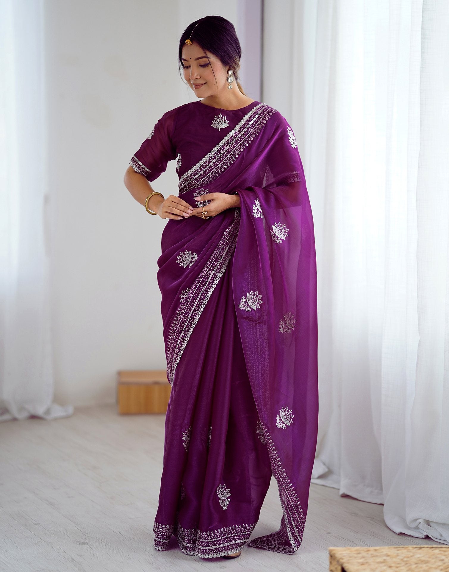 Dark Purple Tissue Silk Embroidery Saree