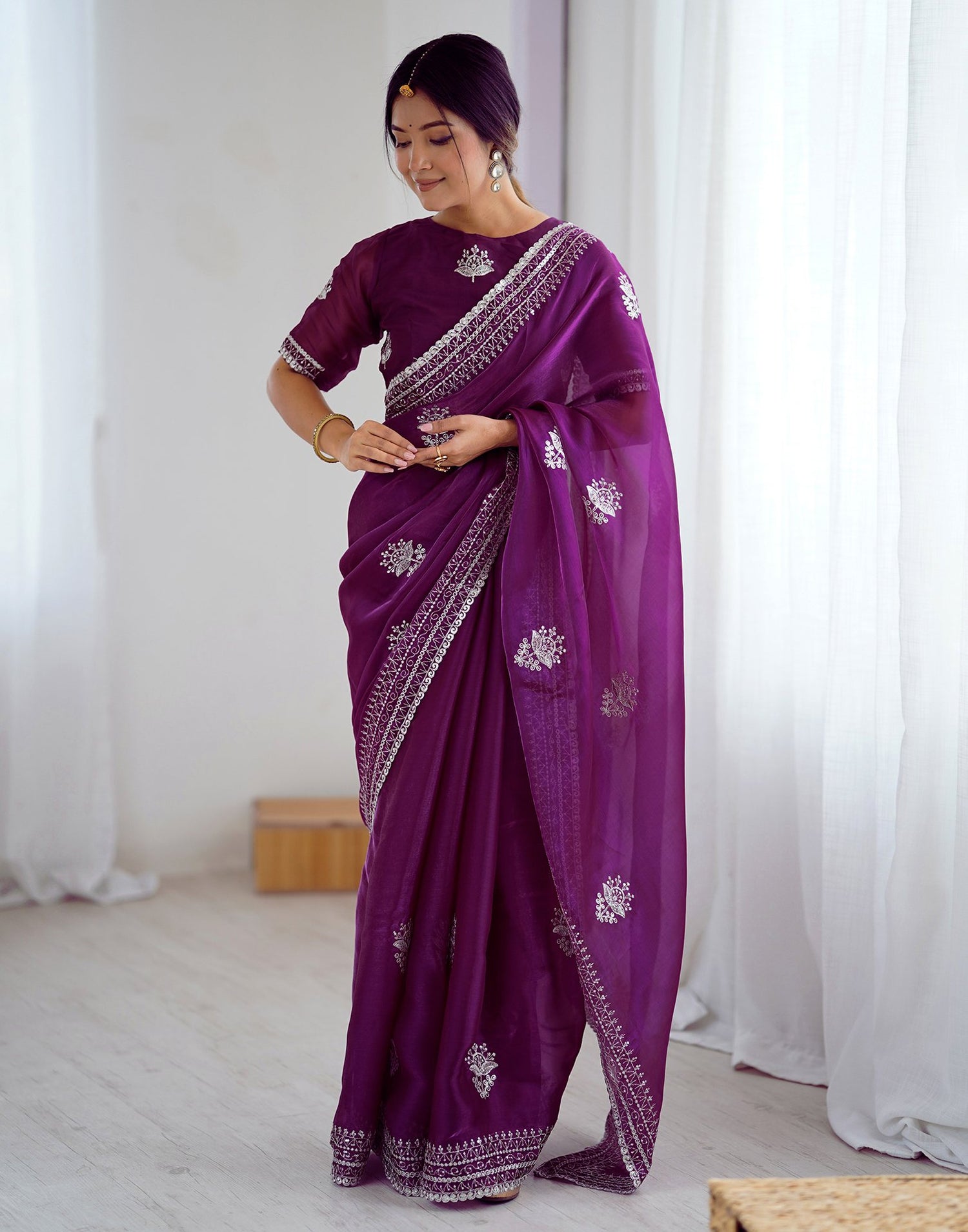Dark Purple Tissue Silk Embroidery Saree