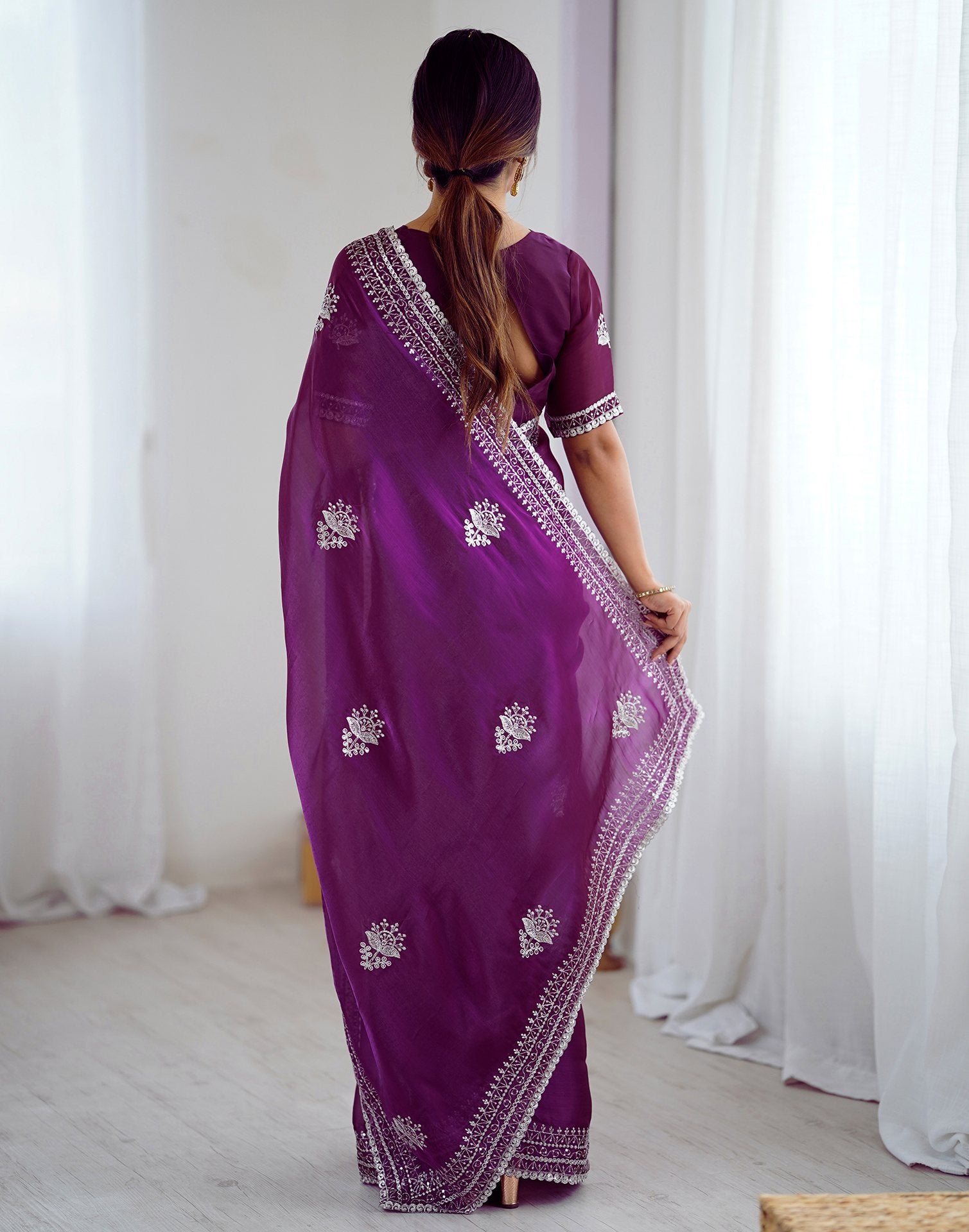 Dark Purple Tissue Silk Embroidery Saree