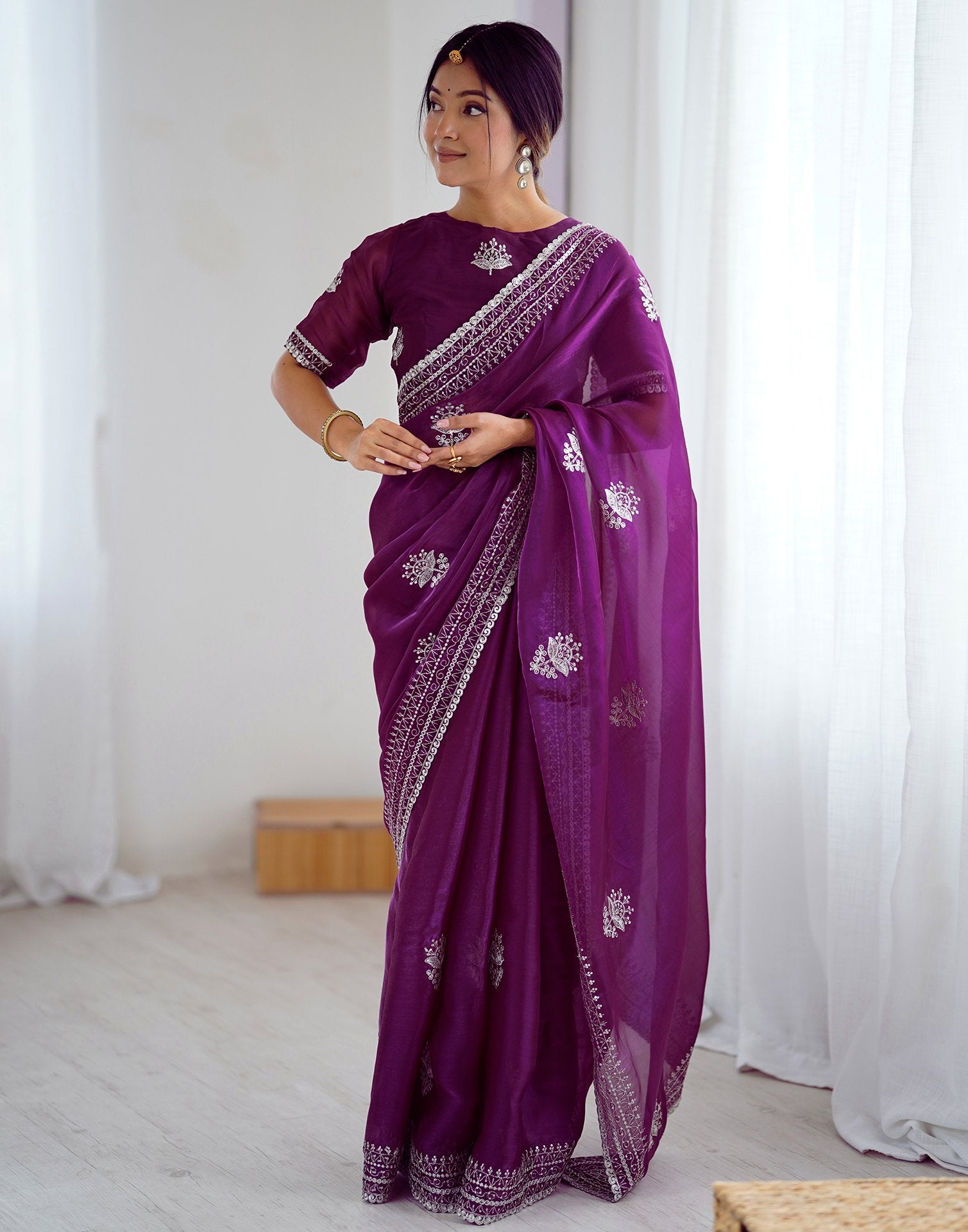 Dark Purple Tissue Silk Embroidery Saree
