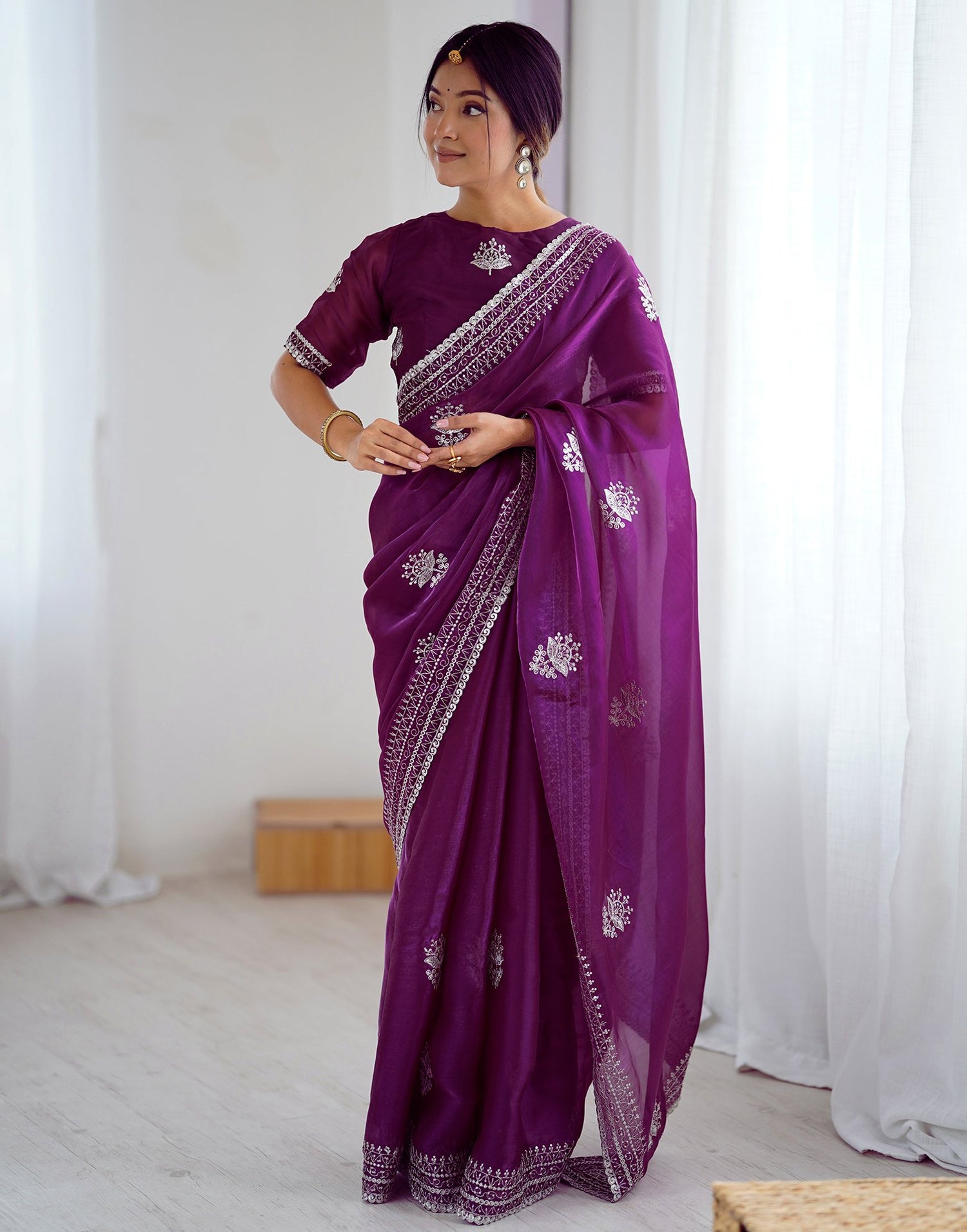 Dark Purple Tissue Silk Embroidery Saree