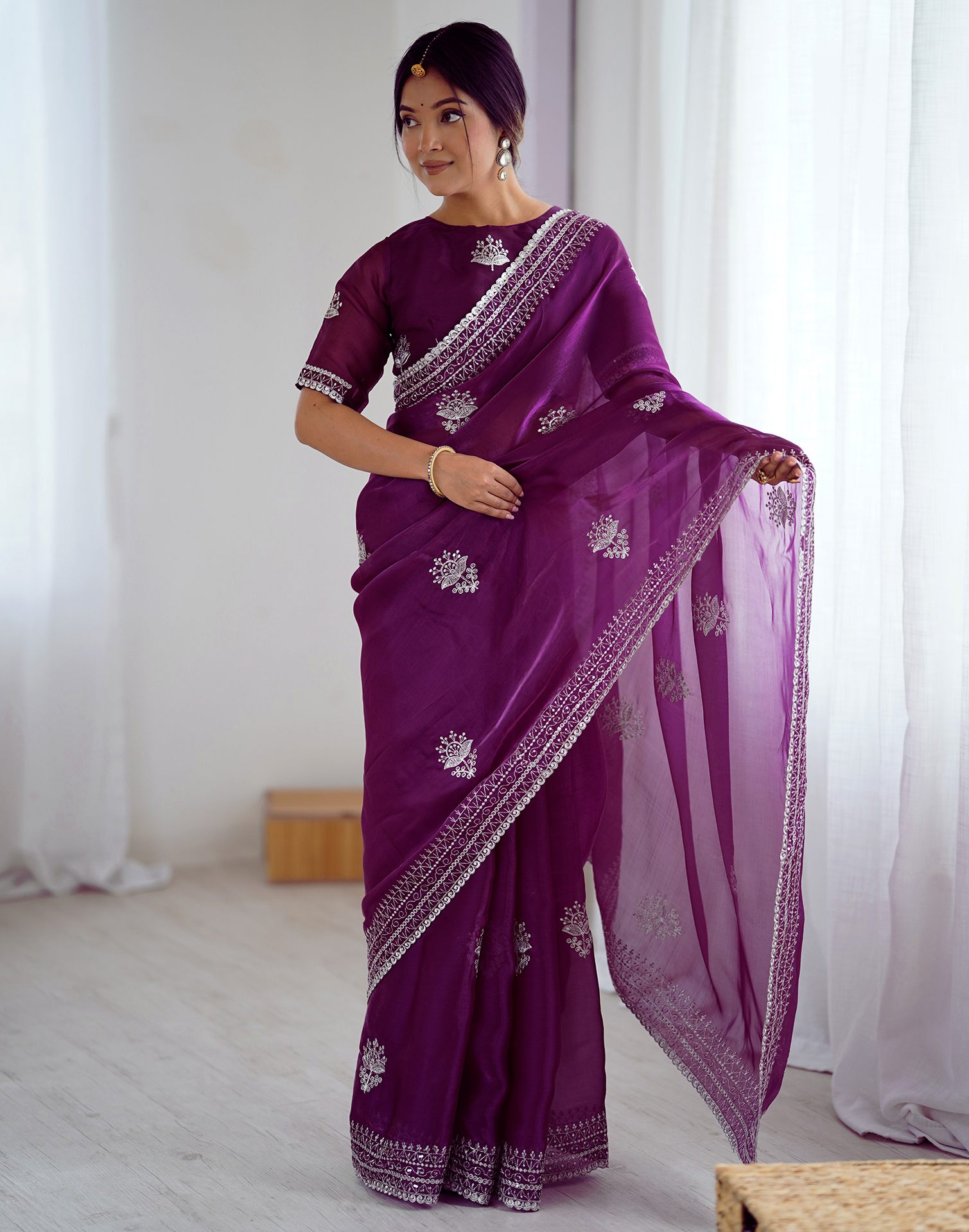 Dark Purple Tissue Silk Embroidery Saree