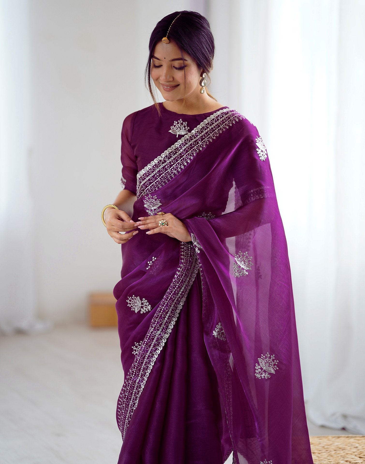 Dark Purple Tissue Silk Embroidery Saree