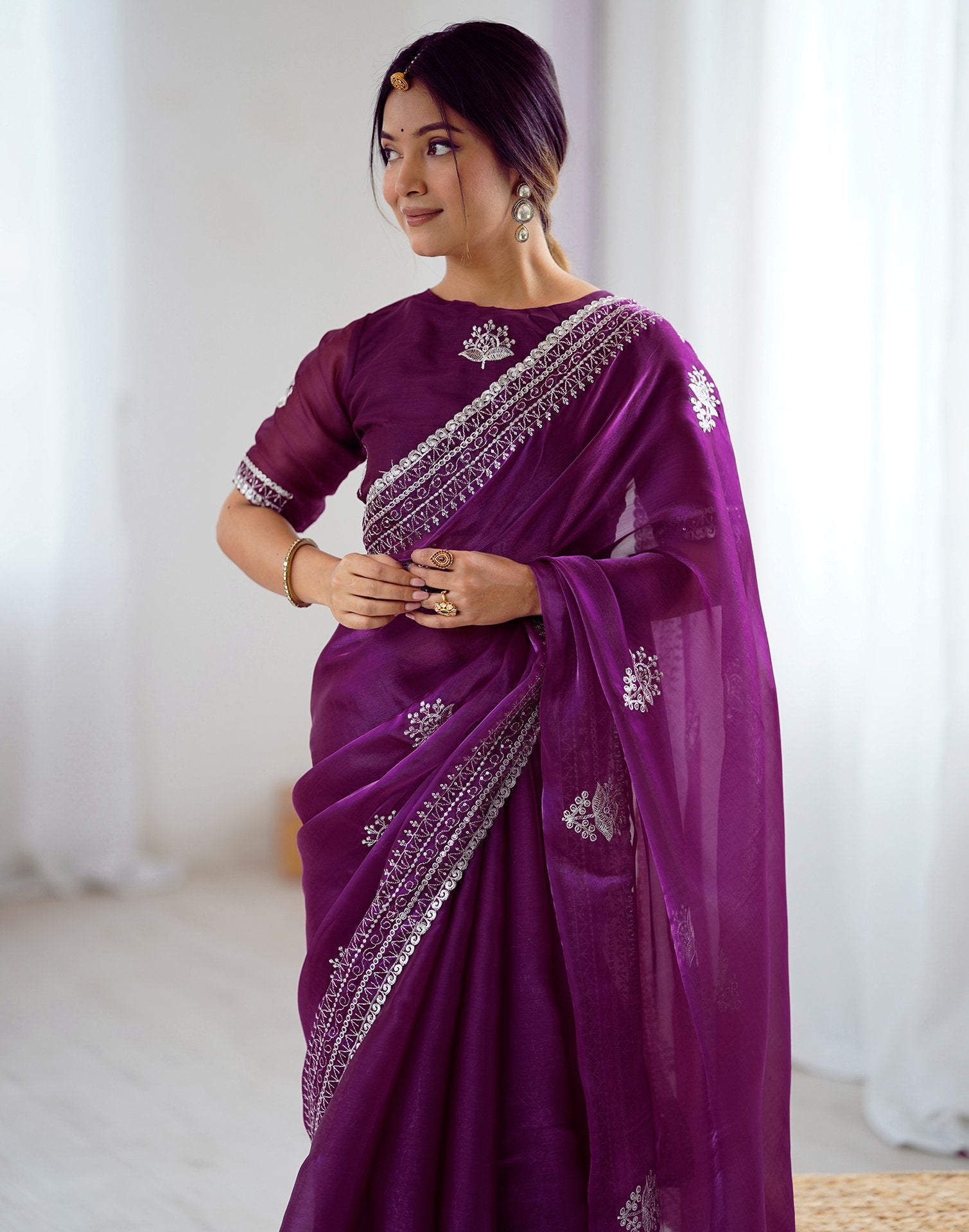 Dark Purple Tissue Silk Embroidery Saree