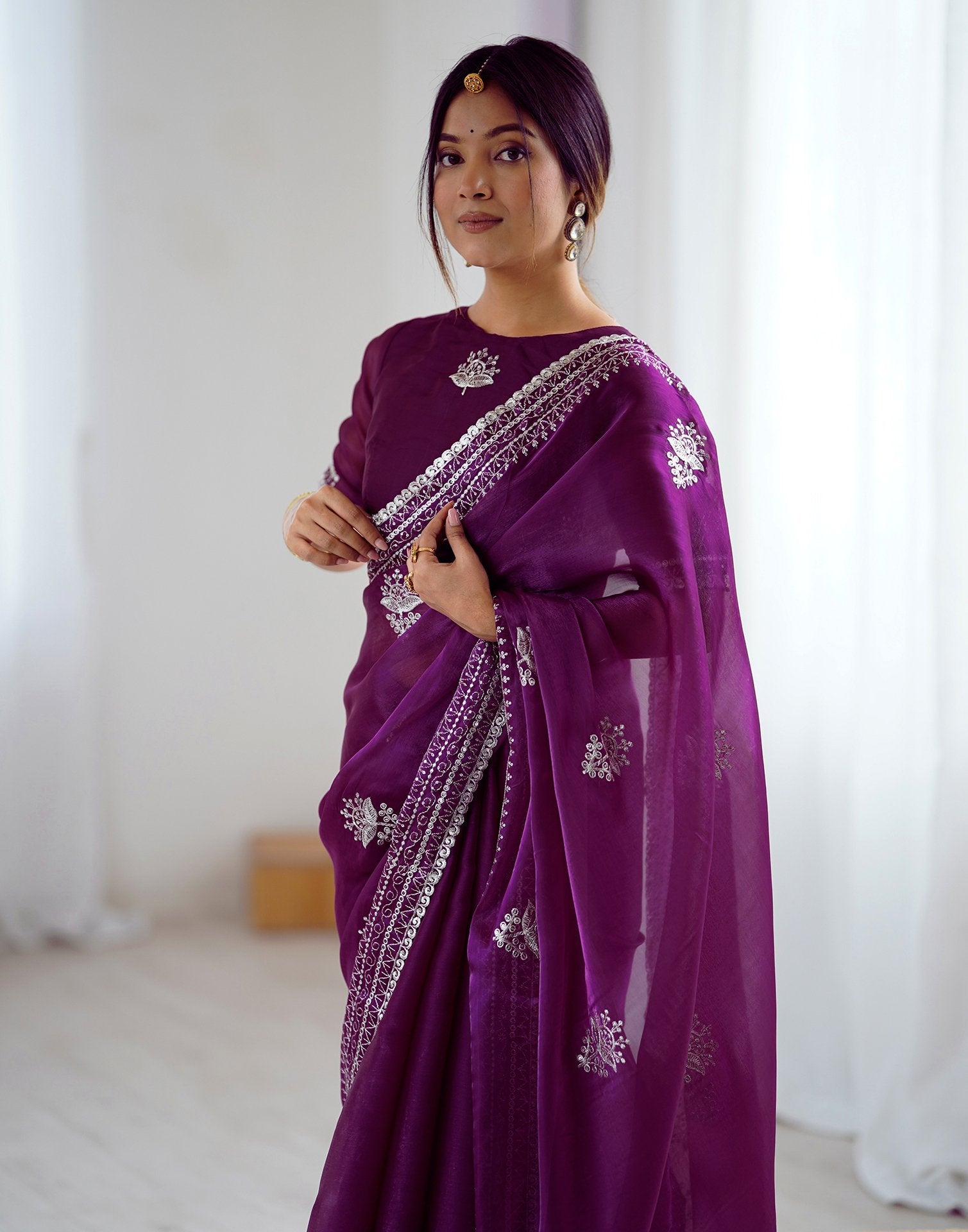 Dark Purple Tissue Silk Embroidery Saree