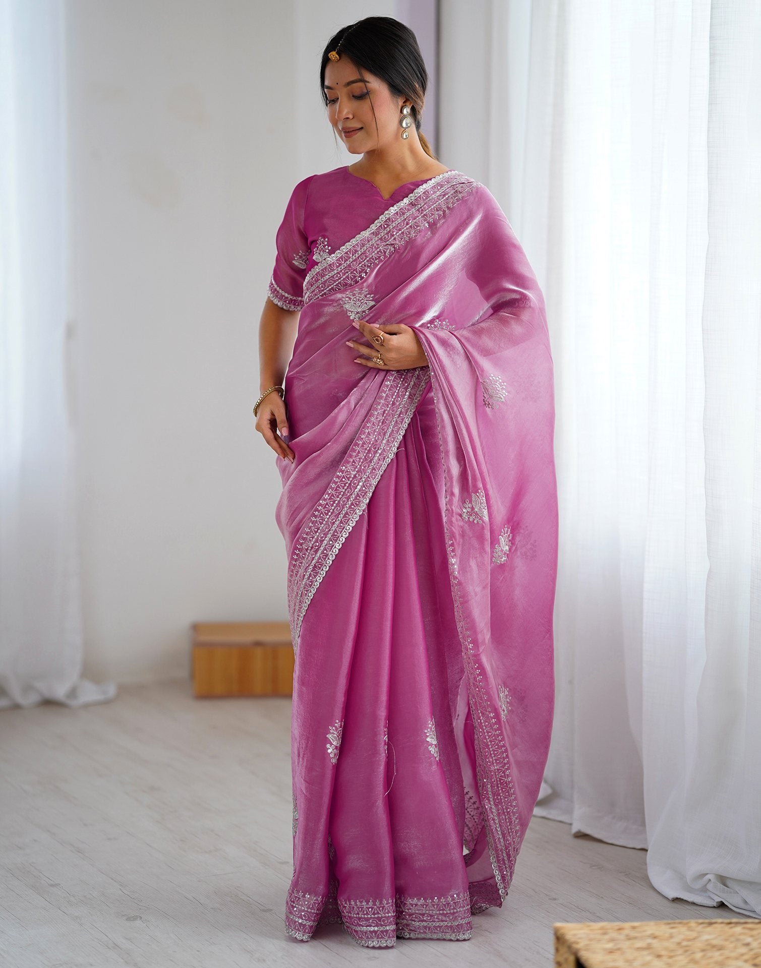 Pink Tissue Silk Embroidery Saree
