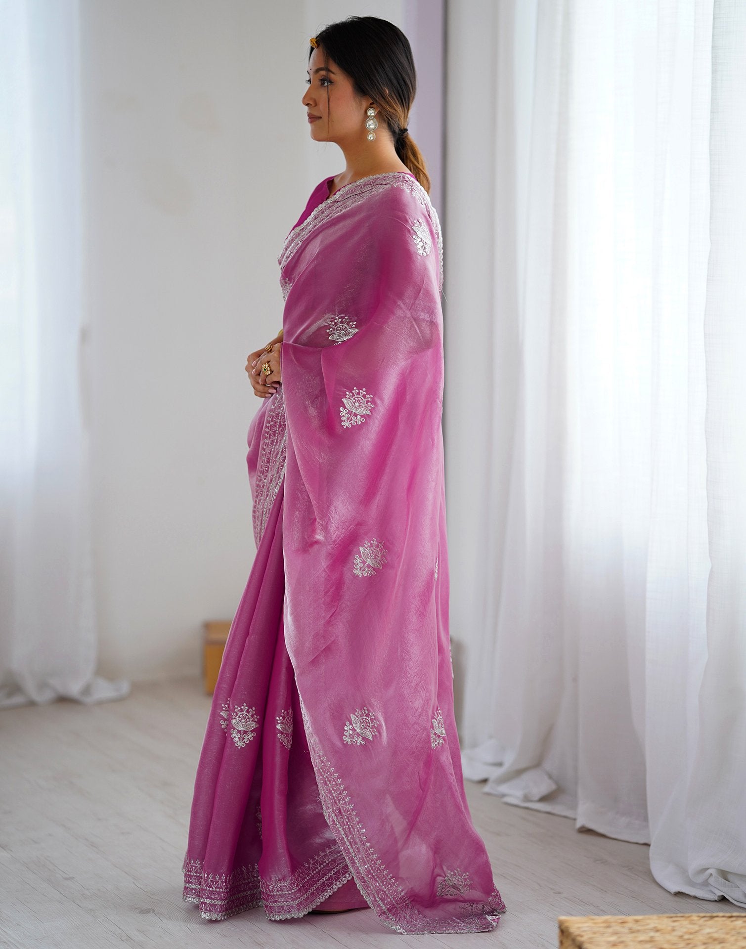 Pink Tissue Silk Embroidery Saree