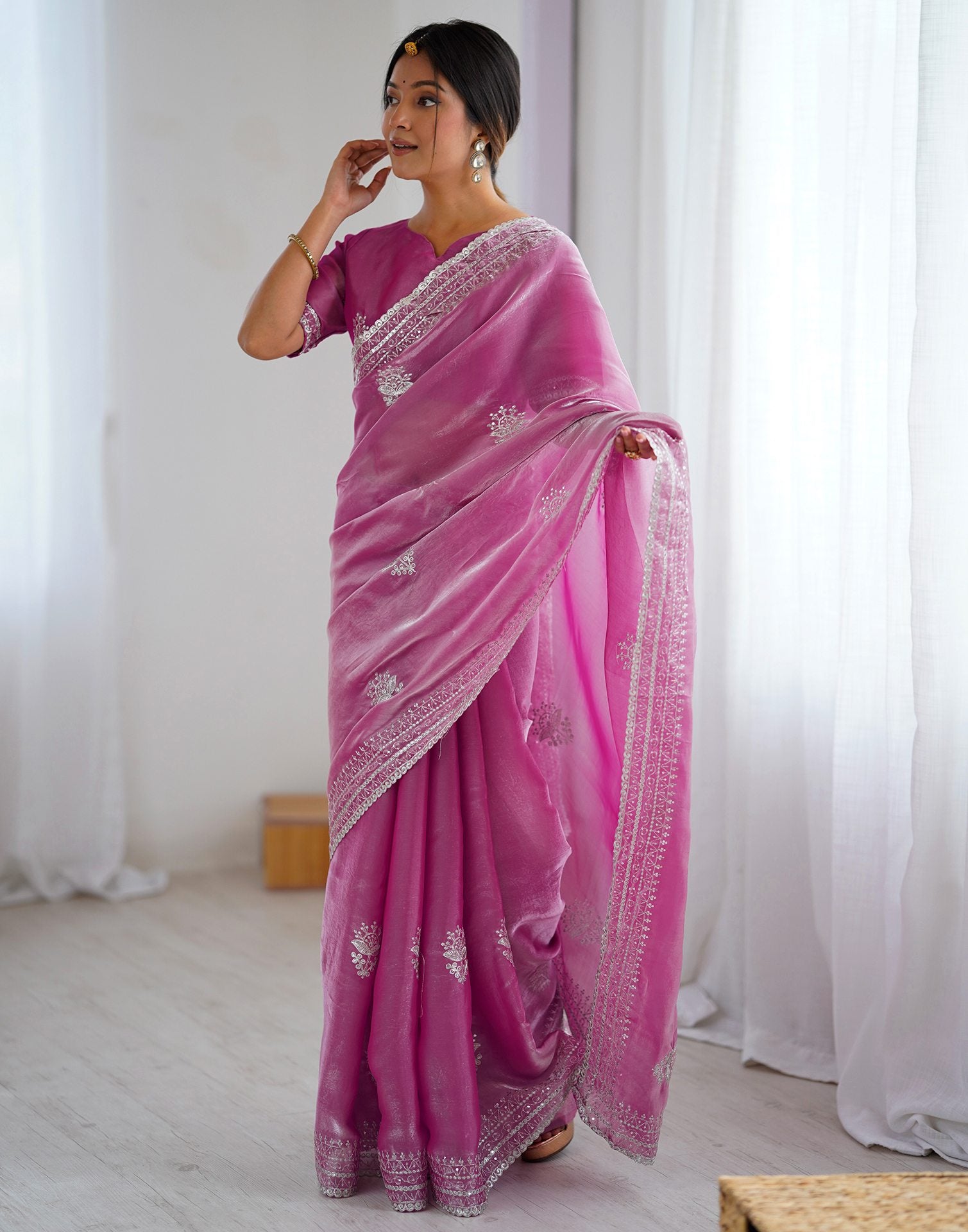 Pink Tissue Silk Embroidery Saree