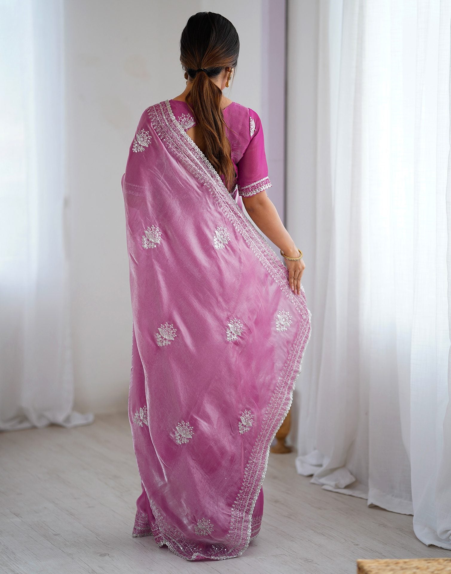 Pink Tissue Silk Embroidery Saree