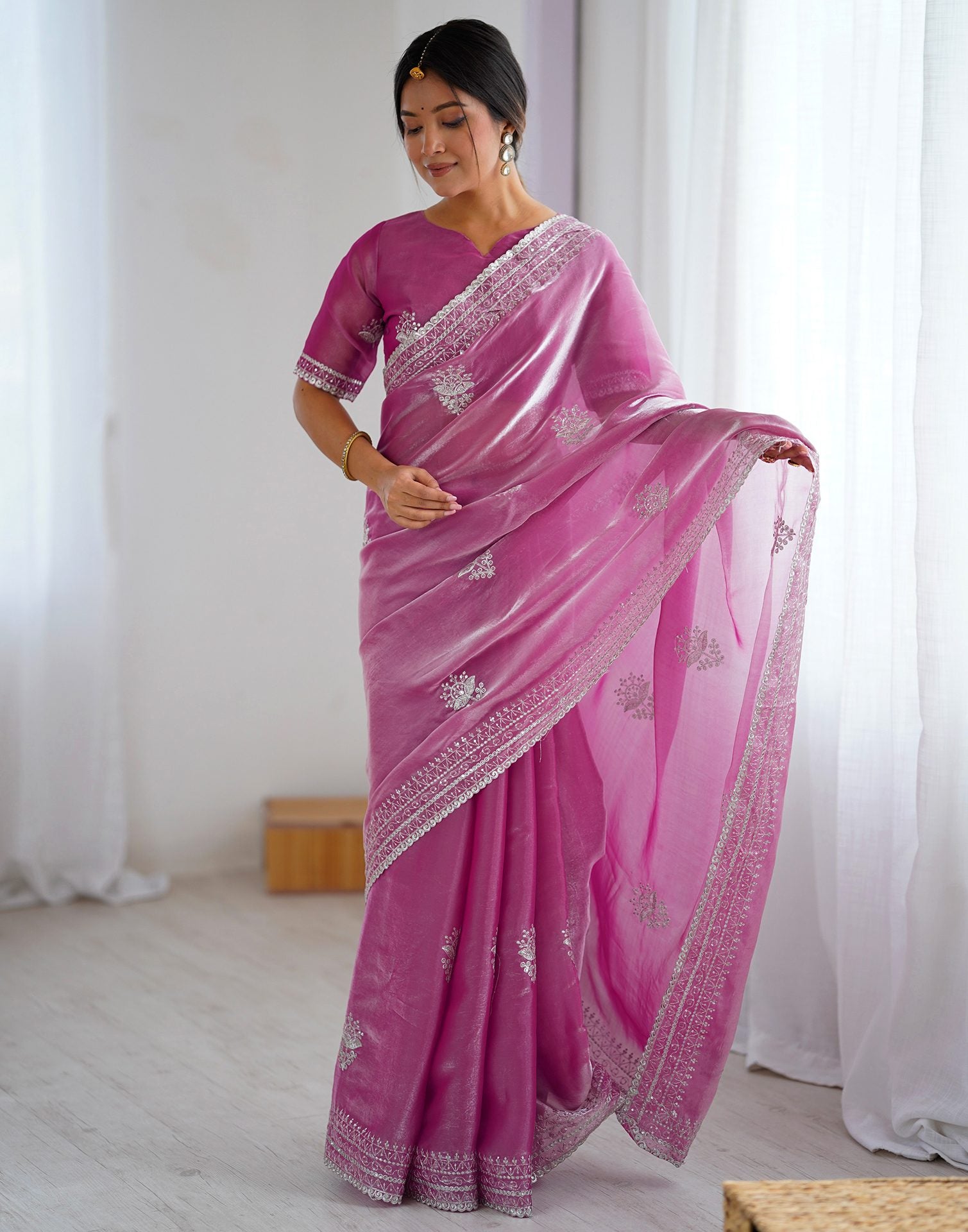 Pink Tissue Silk Embroidery Saree
