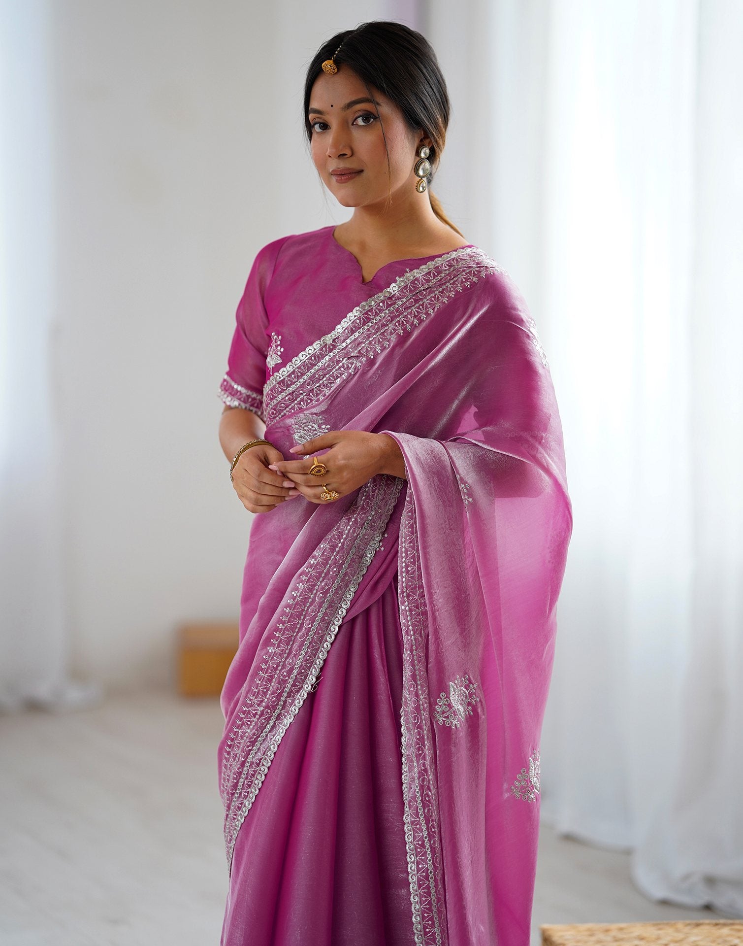 Pink Tissue Silk Embroidery Saree