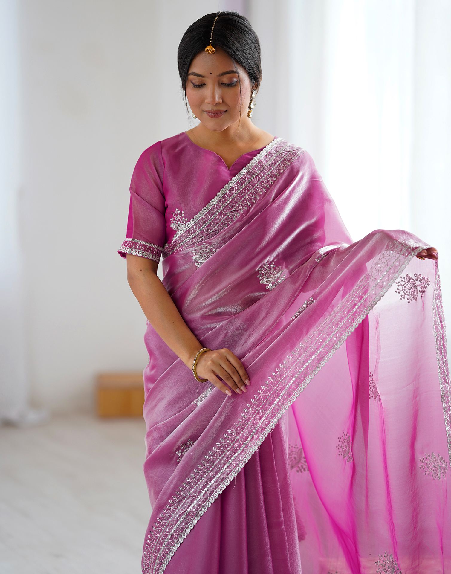 Pink Tissue Silk Embroidery Saree