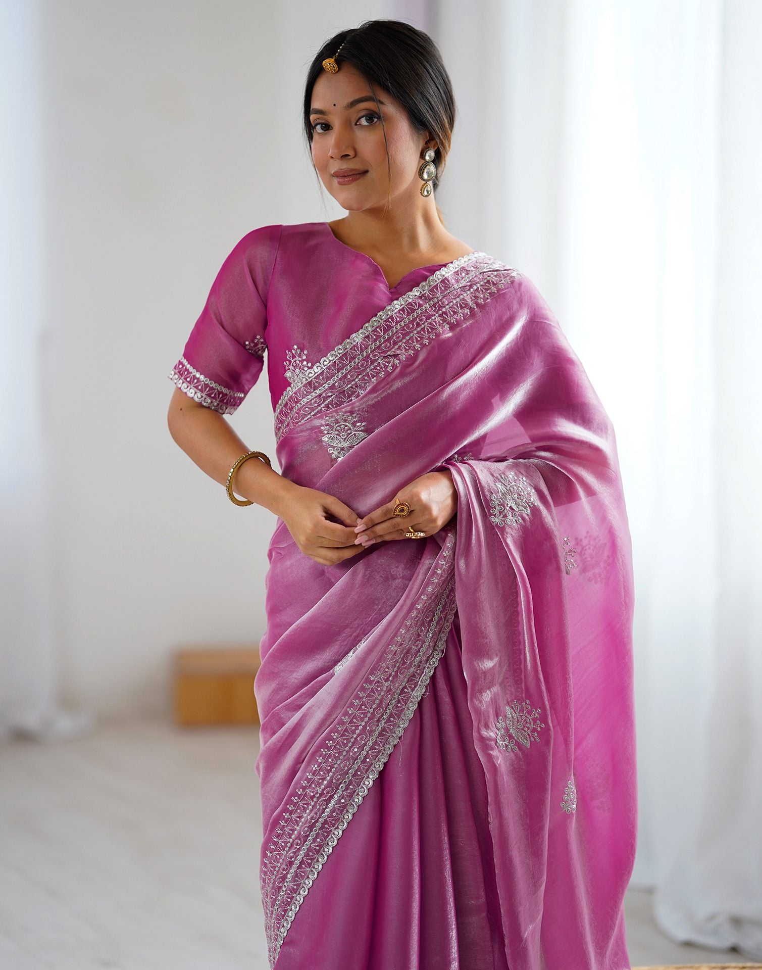 Pink Tissue Silk Embroidery Saree