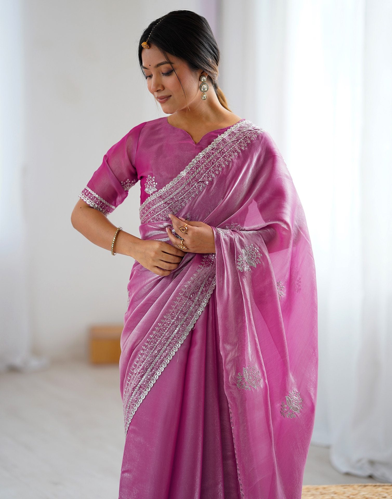 Pink Tissue Silk Embroidery Saree