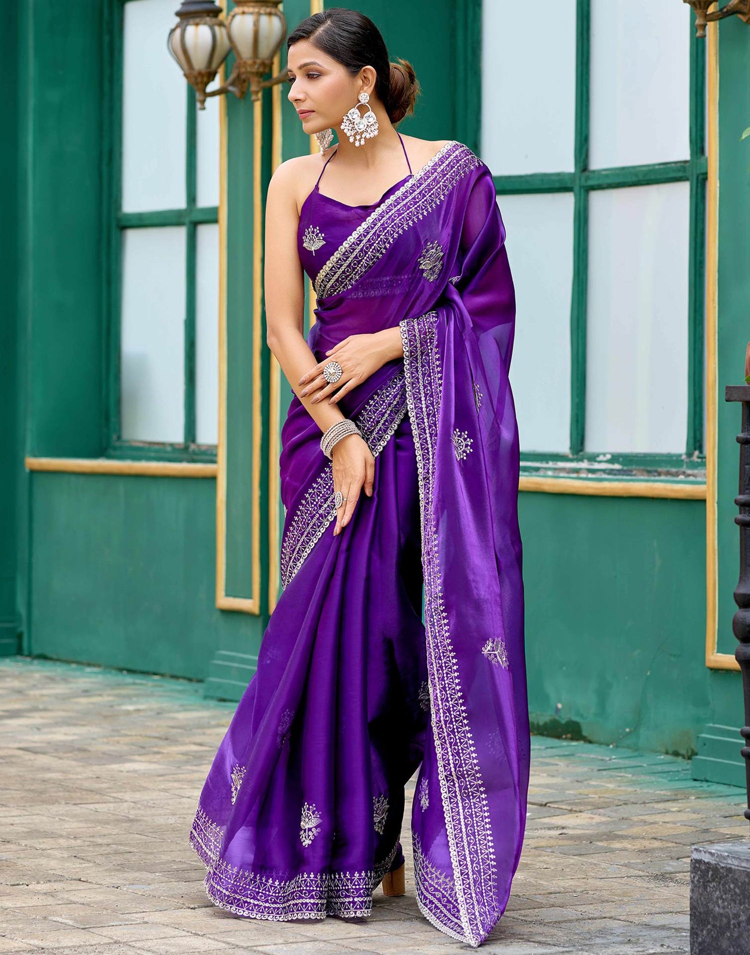 Purple Tissue Silk Sequence Embroidery Saree