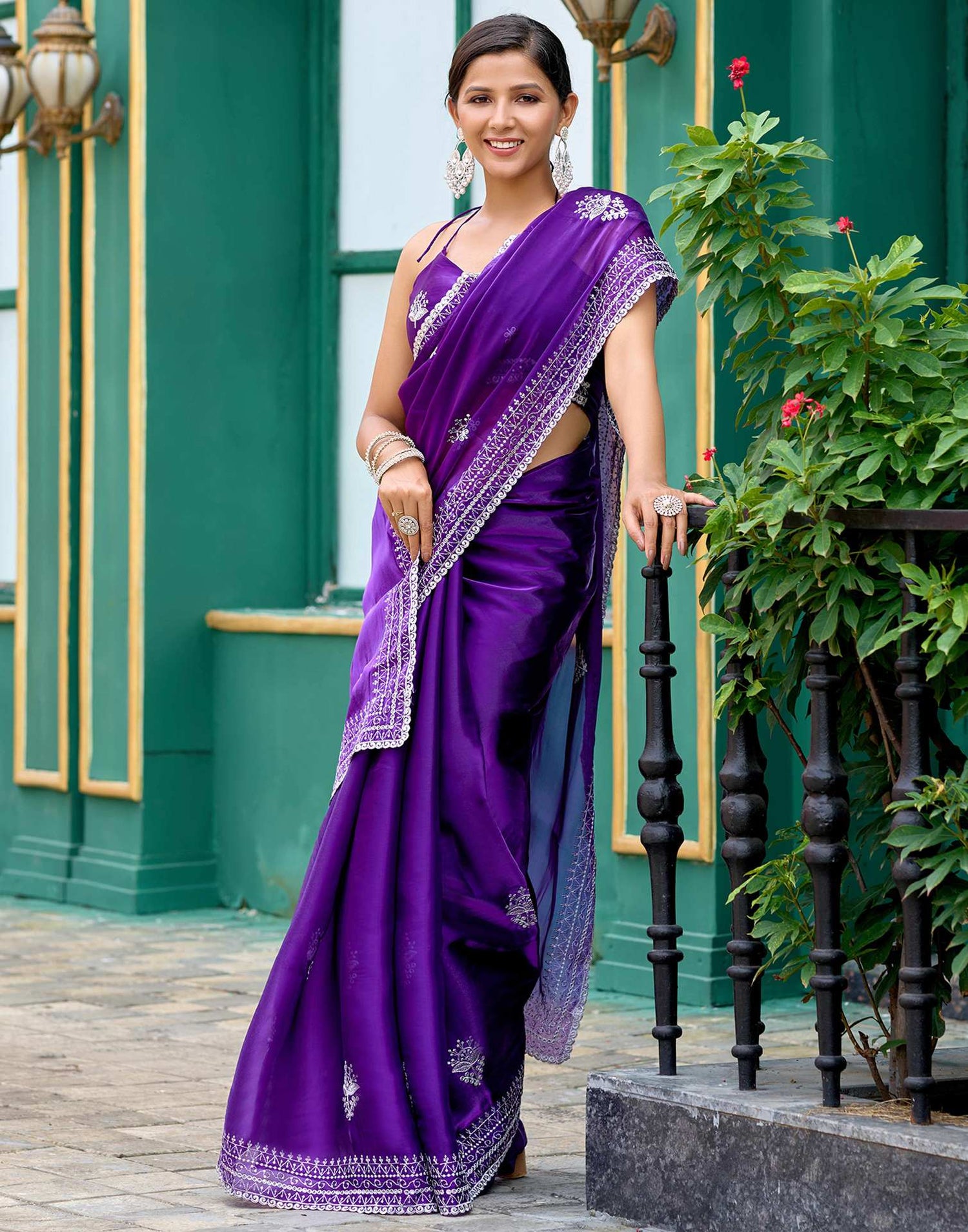 Purple Tissue Silk Sequence Embroidery Saree