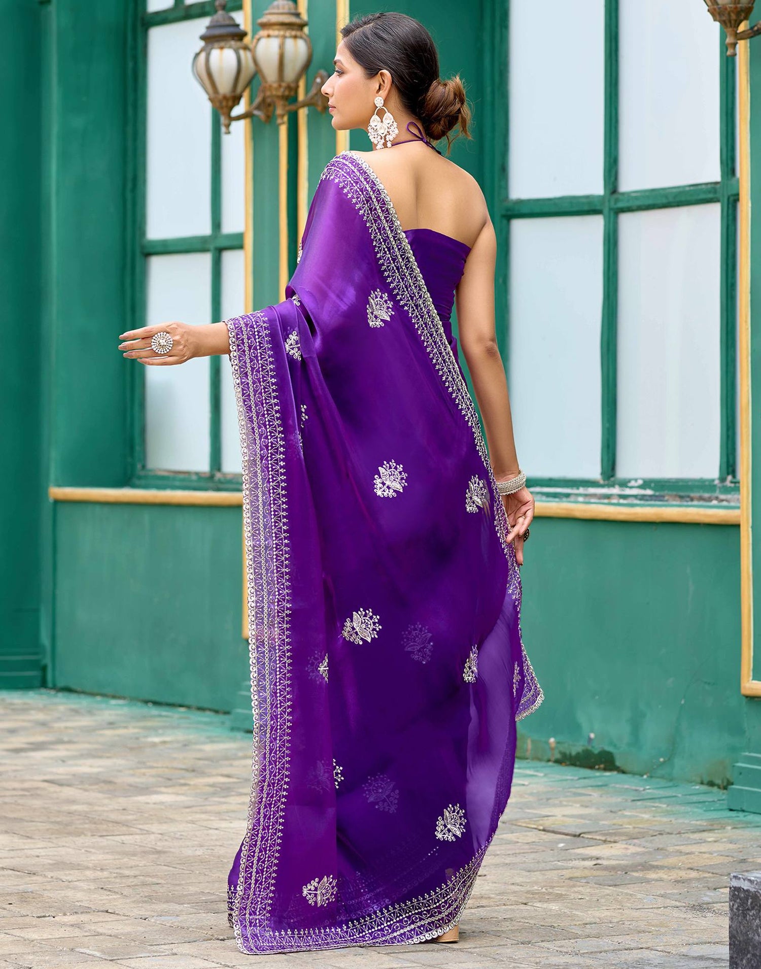 Purple Tissue Silk Sequence Embroidery Saree