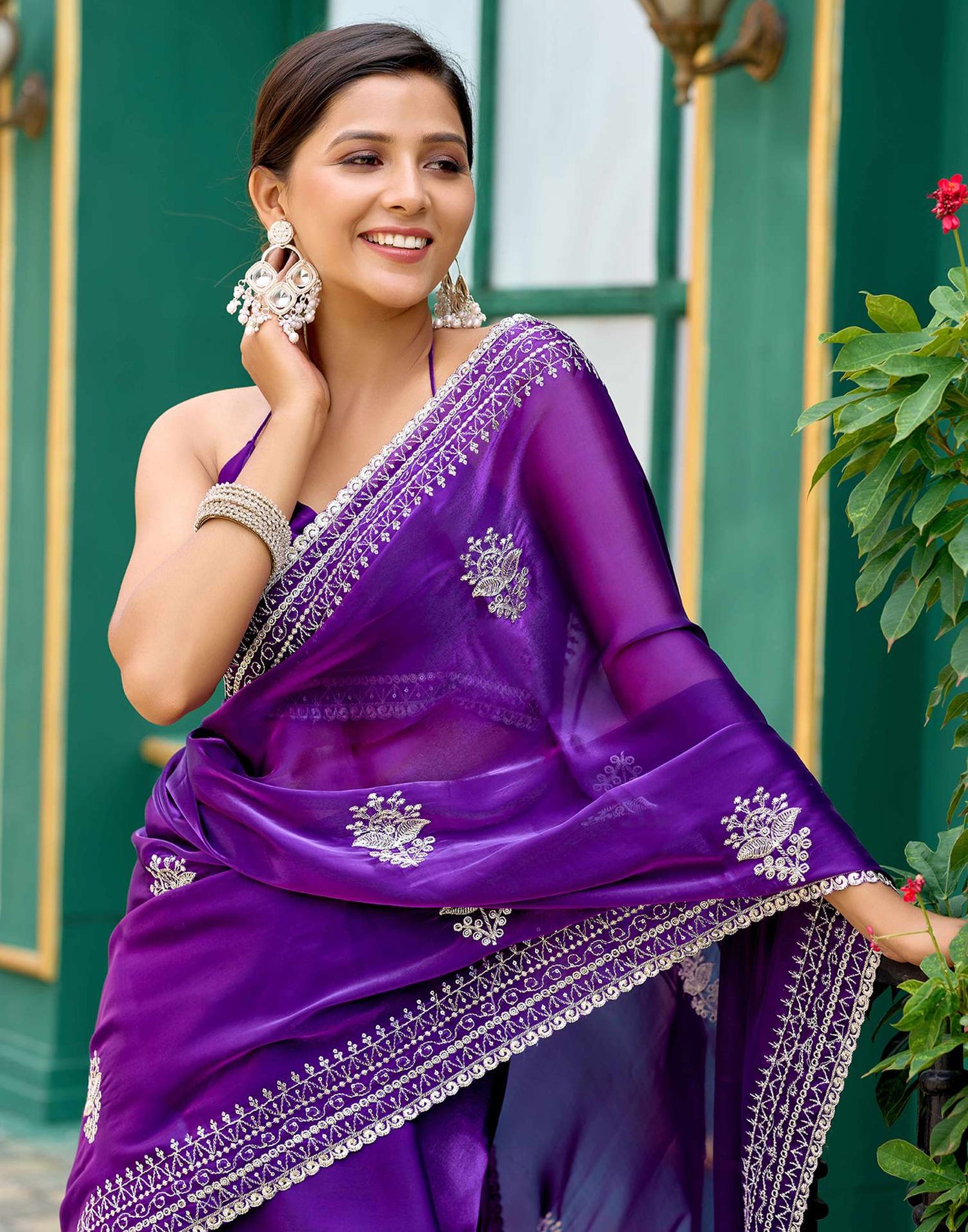 Purple Tissue Silk Sequence Embroidery Saree