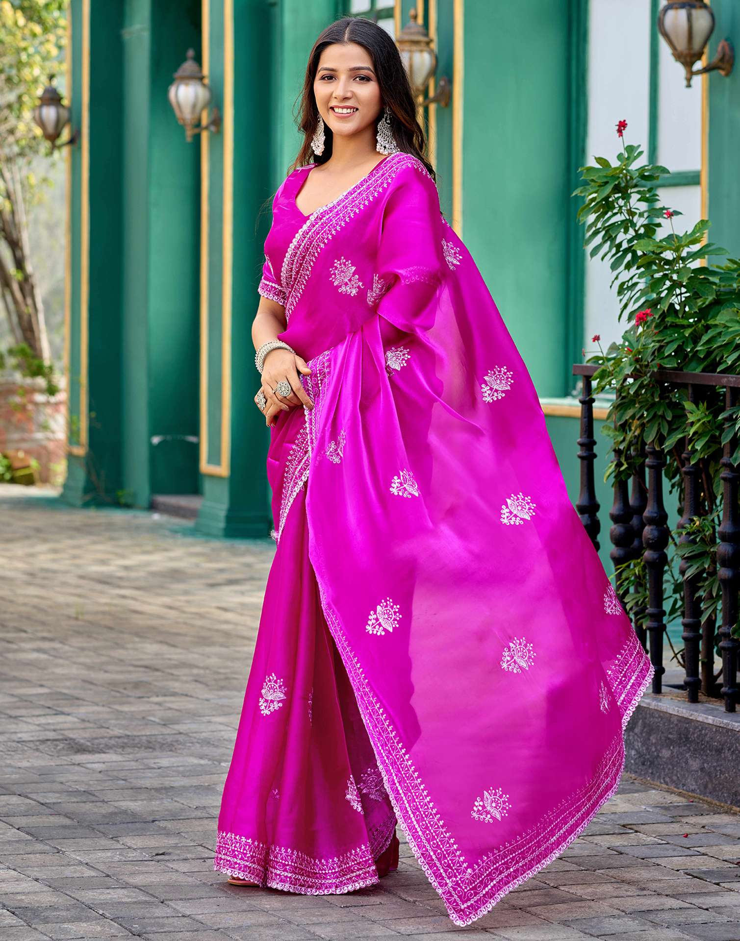 Magenta Tissue Silk Sequence Embroidery Saree