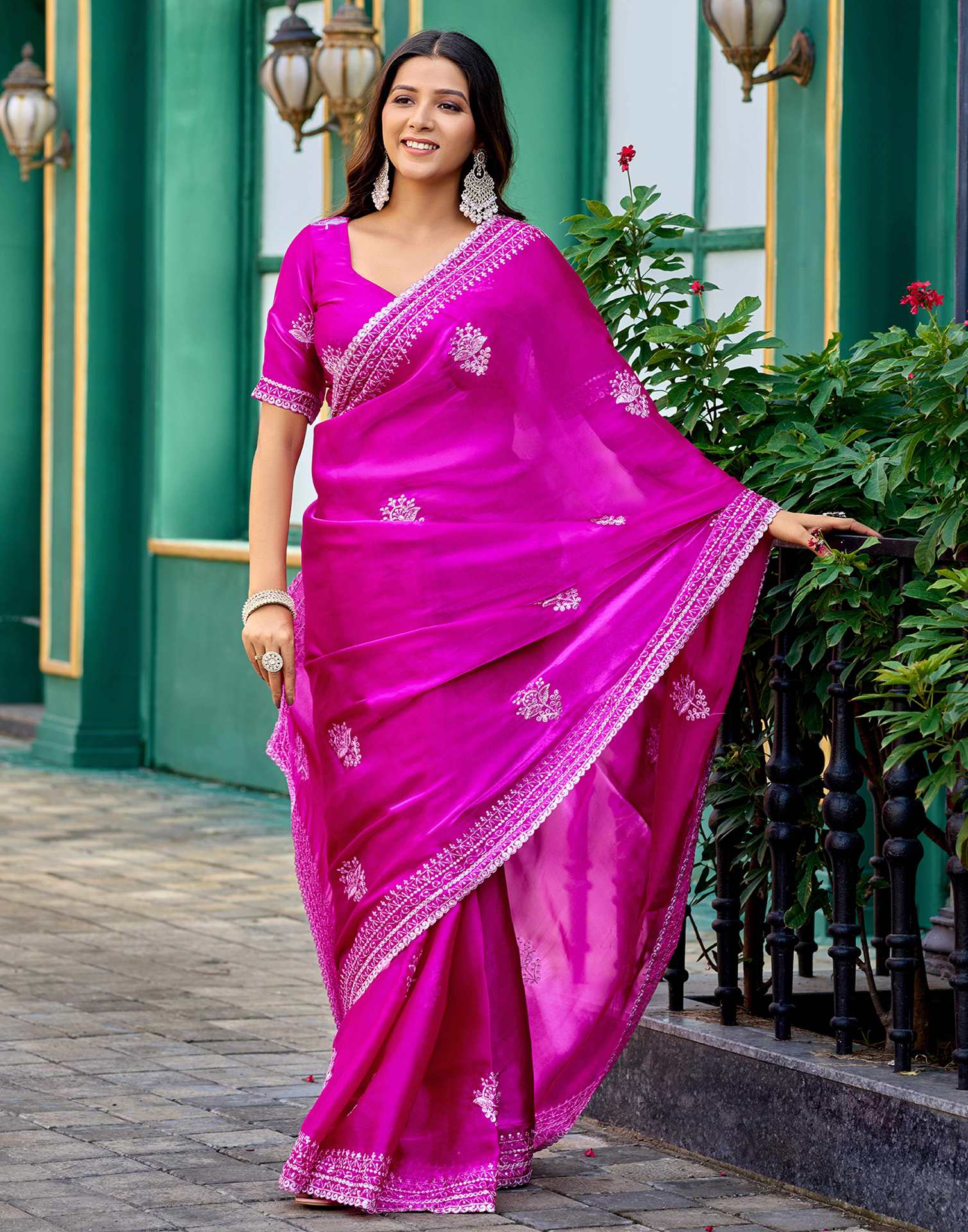Magenta Tissue Silk Sequence Embroidery Saree