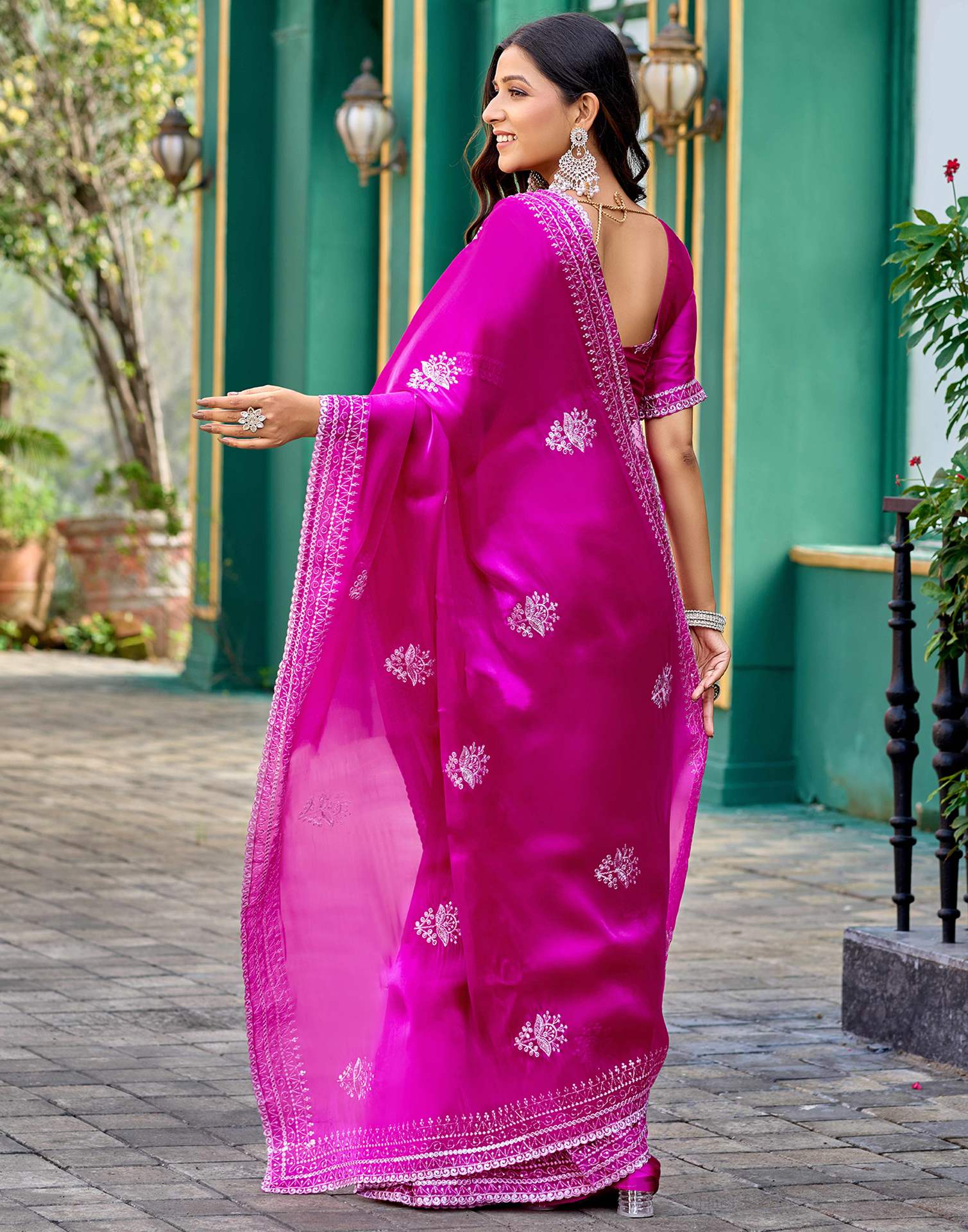 Magenta Tissue Silk Sequence Embroidery Saree