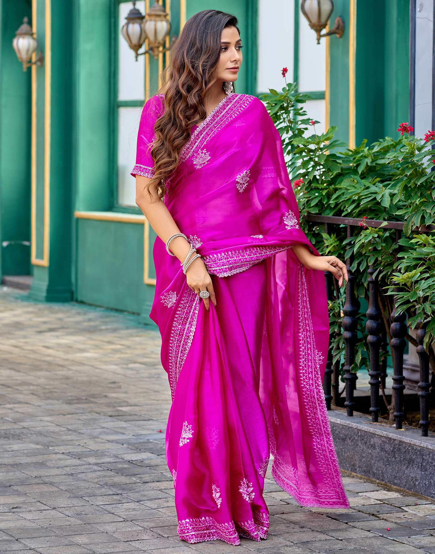 Magenta Tissue Silk Sequence Embroidery Saree