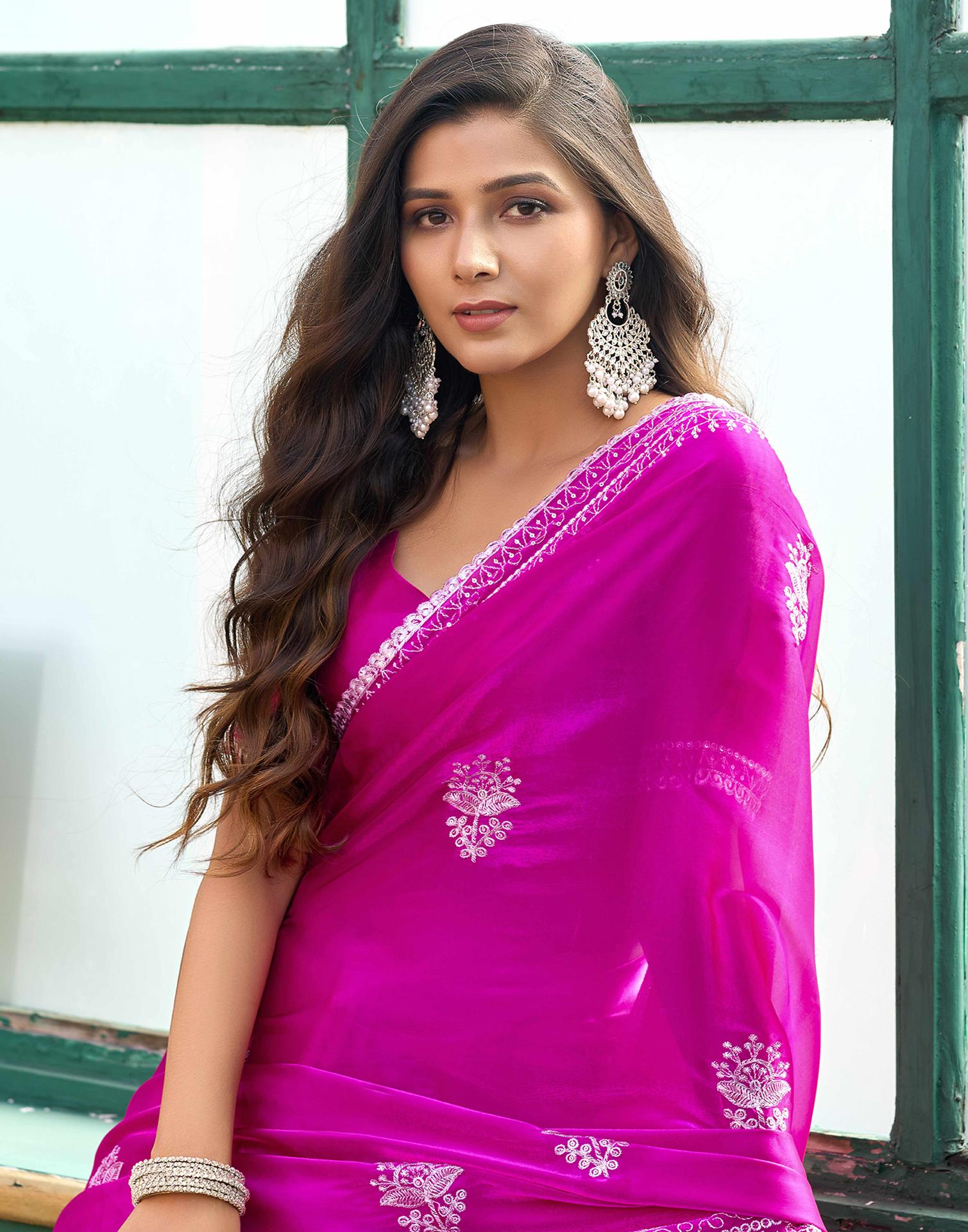 Magenta Tissue Silk Sequence Embroidery Saree
