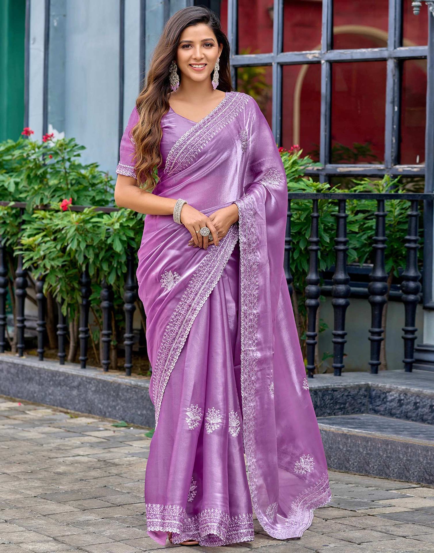 Lavender Tissue Silk Sequence Embroidery Saree