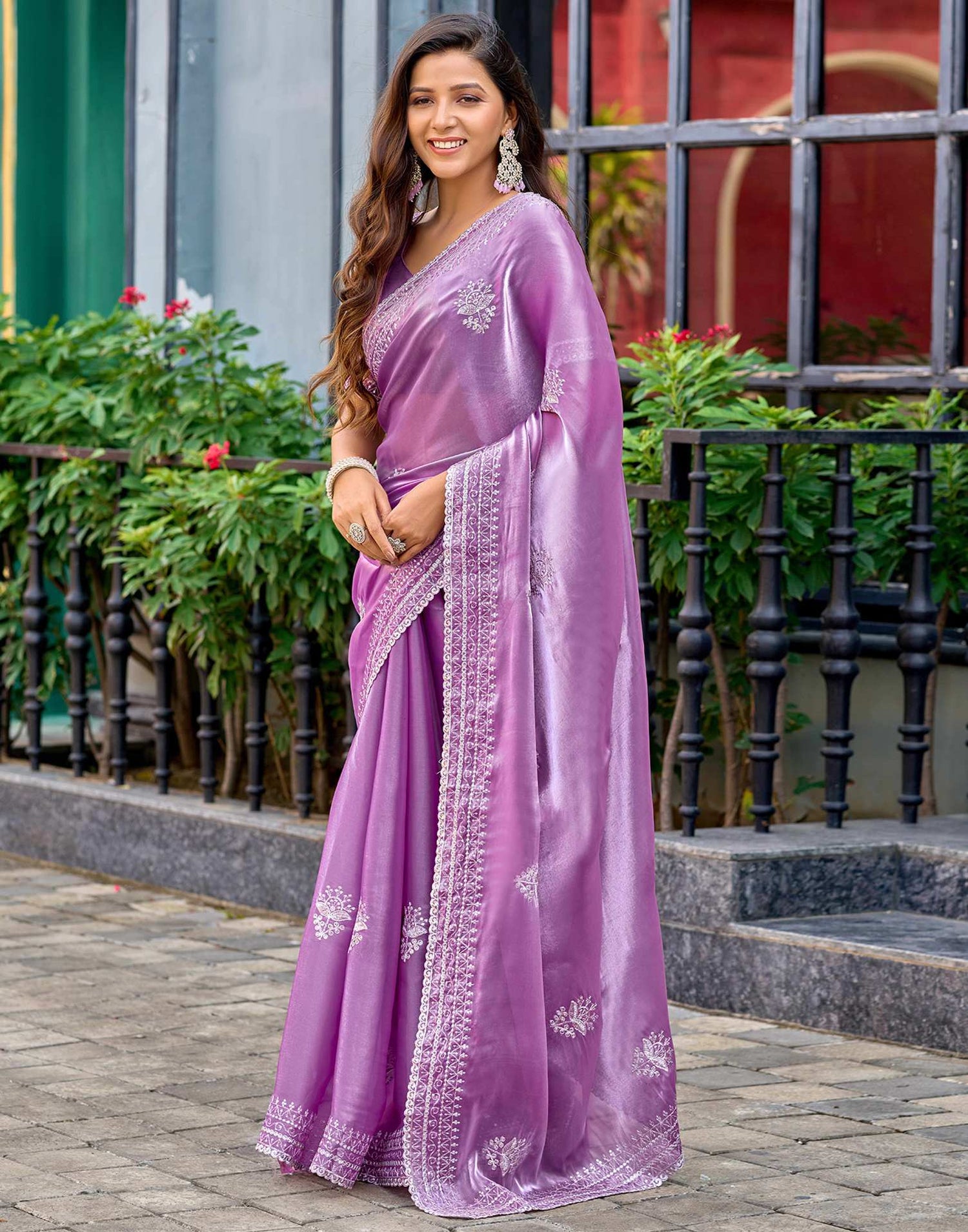 Lavender Tissue Silk Sequence Embroidery Saree