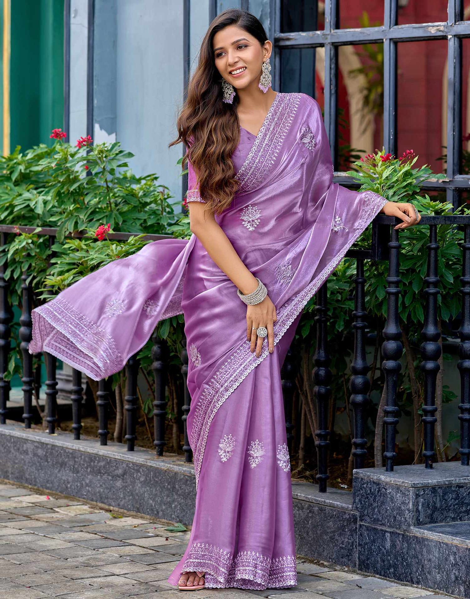 Lavender Tissue Silk Sequence Embroidery Saree