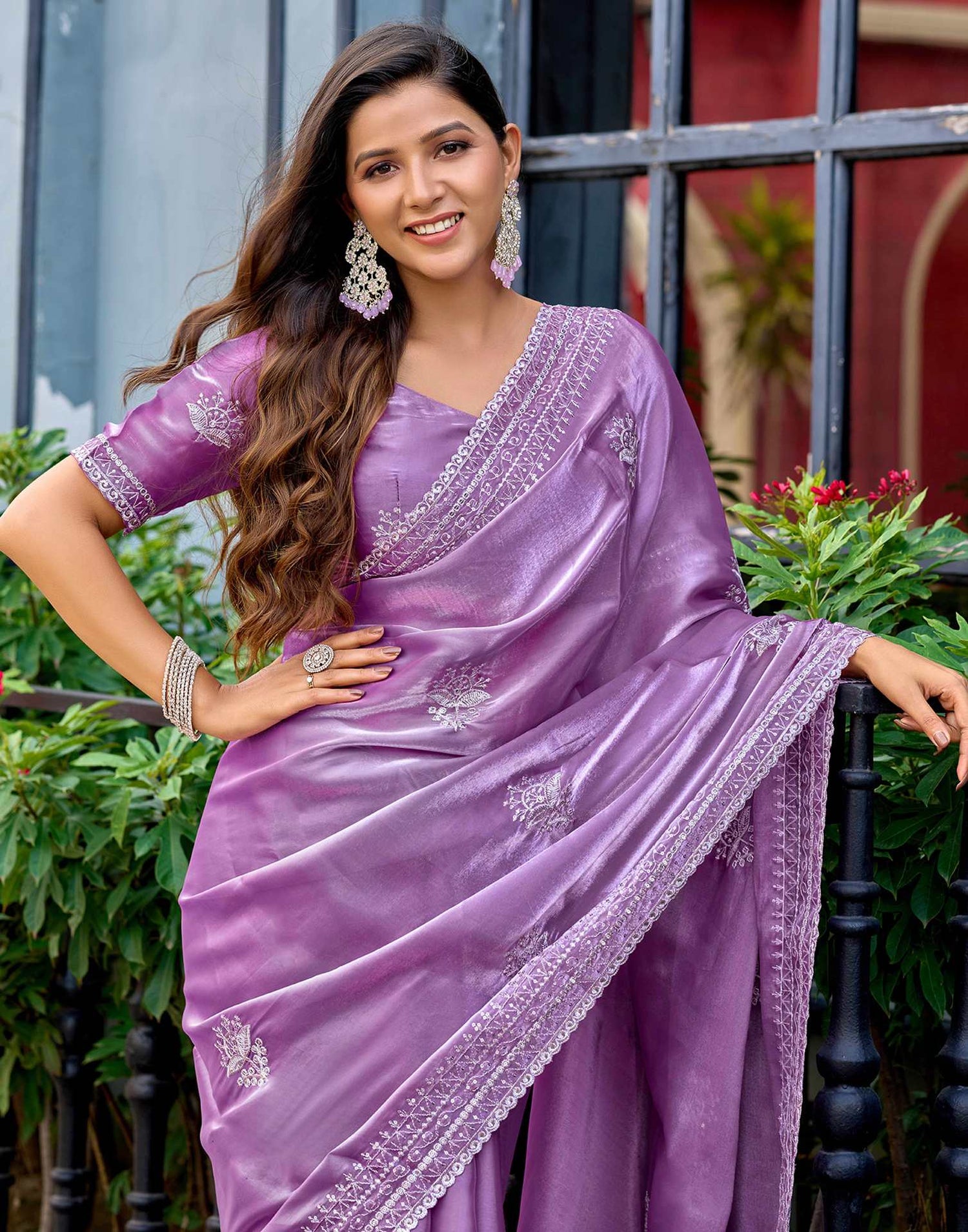 Lavender Tissue Silk Sequence Embroidery Saree